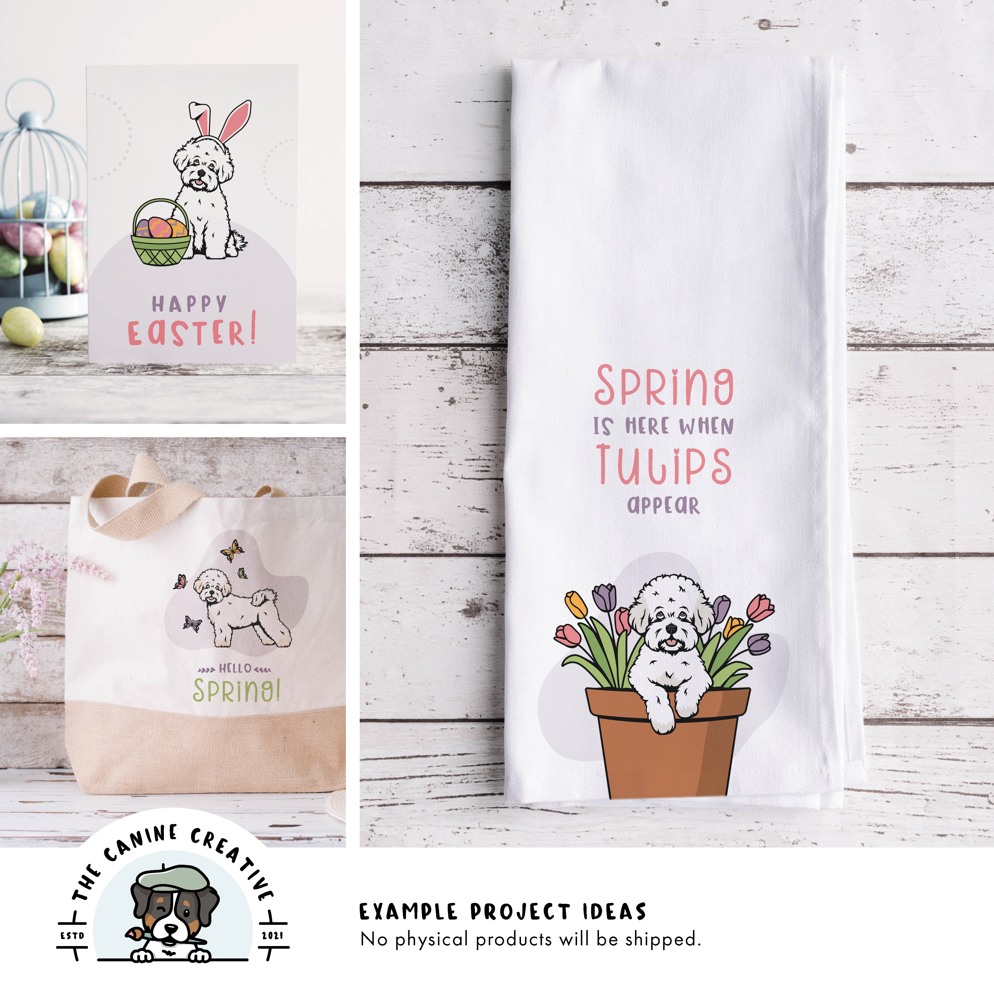 Example project ideas showing designs on a greeting card, tote bag, and tea towel.