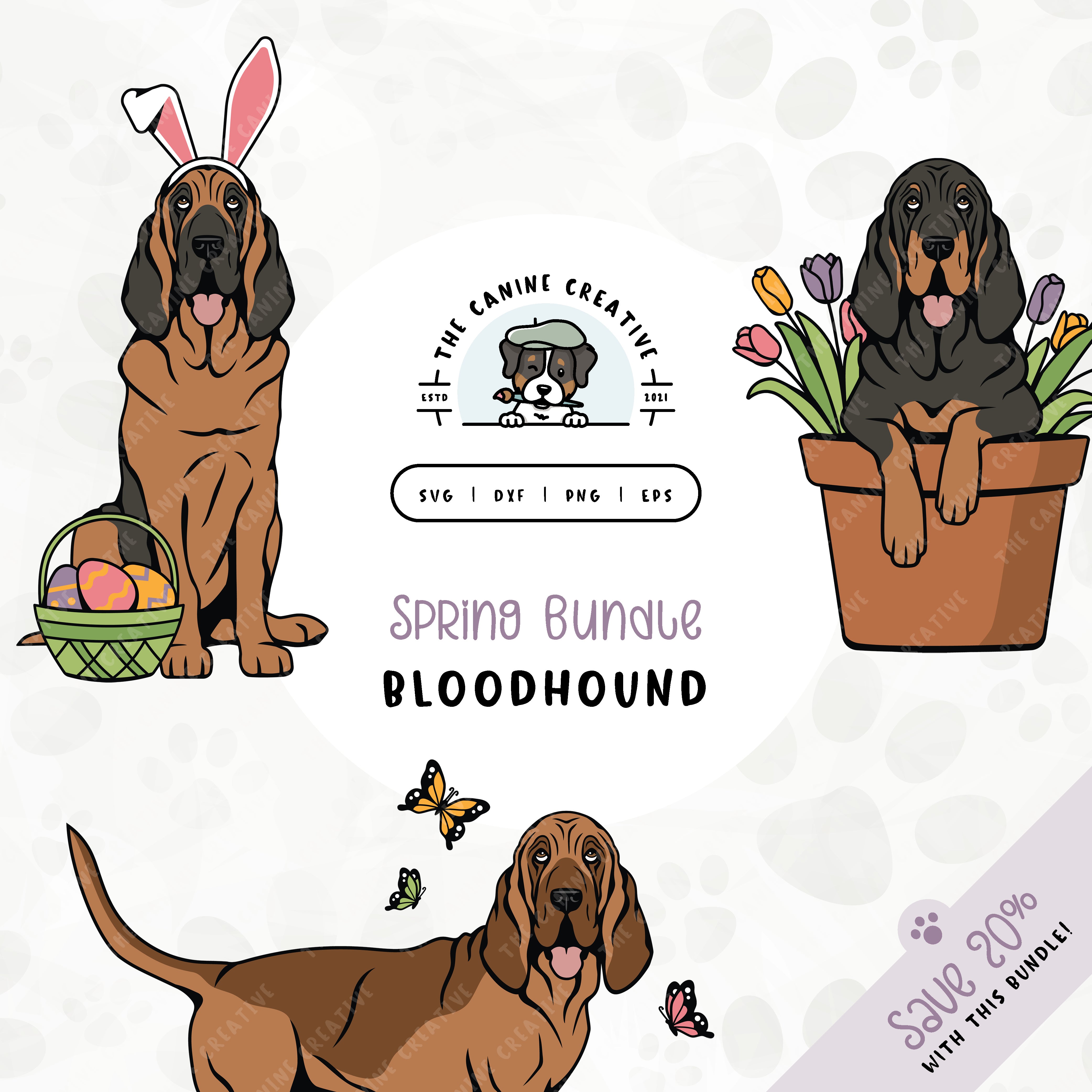 This 3-pack springtime illustration bundle features Bloodhounds among colorful butterflies, peeking out from a pot of vibrant tulips, and wearing festive bunny ears while sitting near a basket of brightly-colored Easter eggs. File formats include: SVG, DXF, PNG, and EPS.