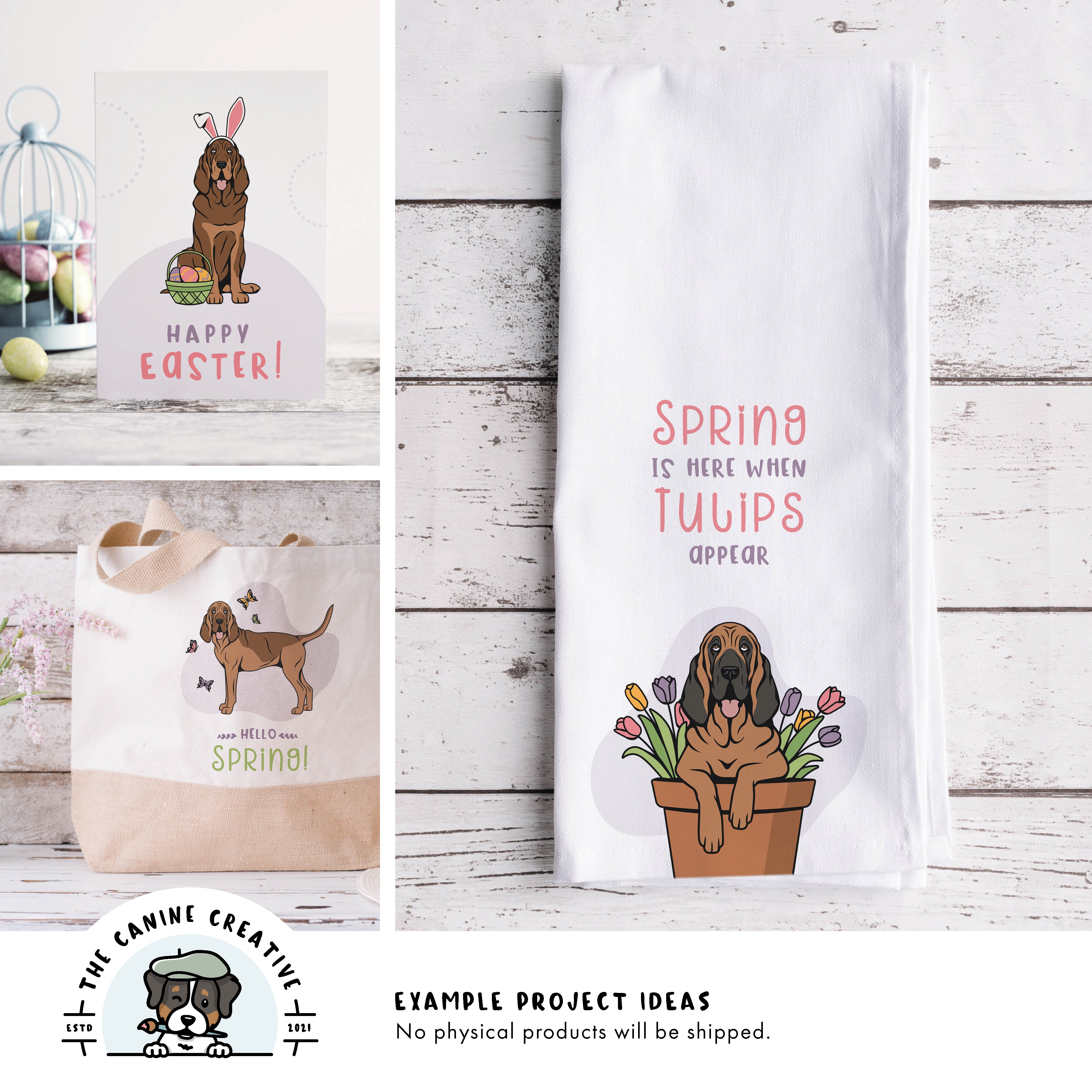 Example project ideas showing designs on a greeting card, tote bag, and tea towel.