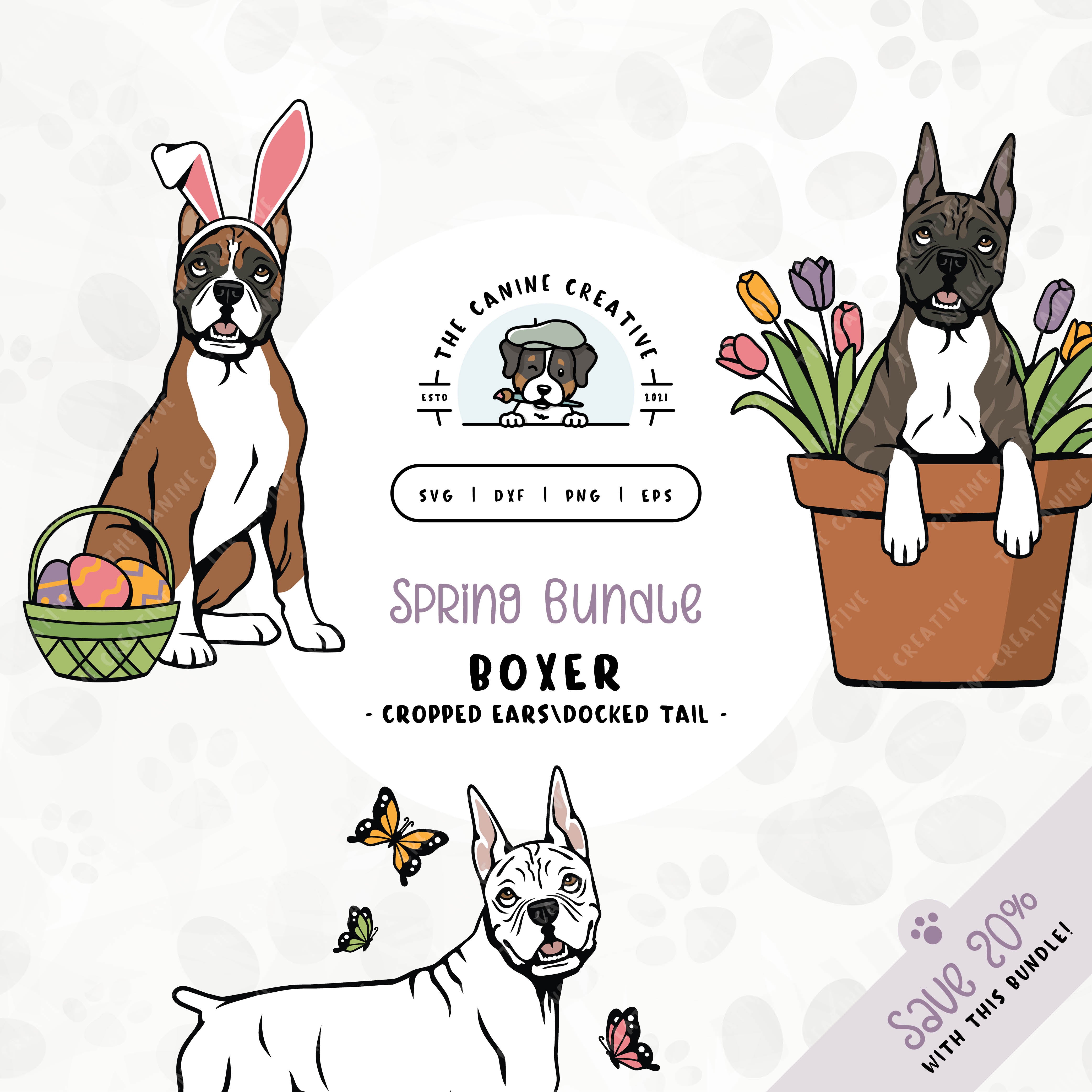 This 3-pack springtime illustration bundle features Boxer dogs with cropped ears and docked tails among colorful butterflies, peeking out from a pot of vibrant tulips, and wearing festive bunny ears while sitting near a basket of brightly-colored Easter eggs. File formats include: SVG, DXF, PNG, and EPS.
