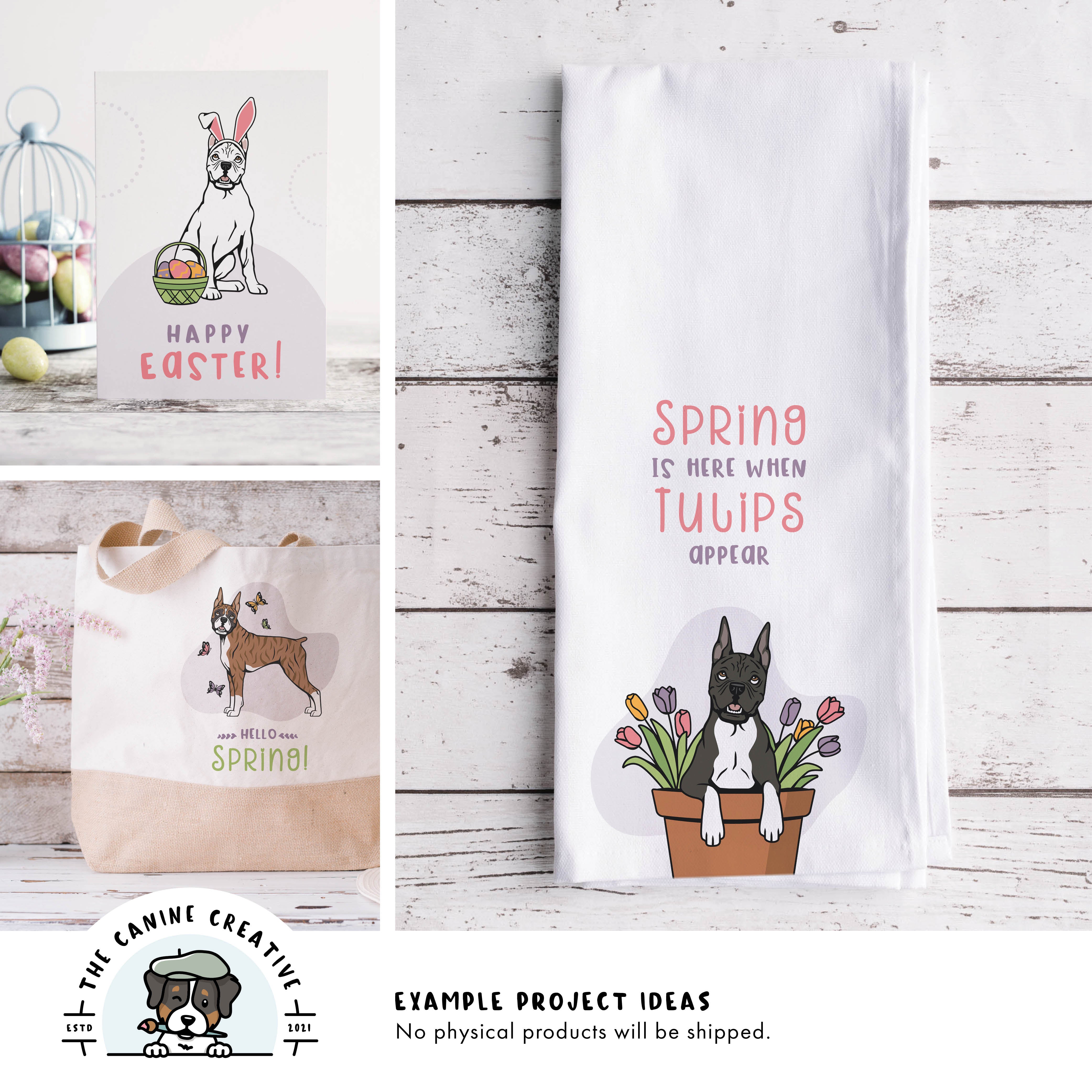 Example project ideas showing designs on a greeting card, tote bag, and tea towel.