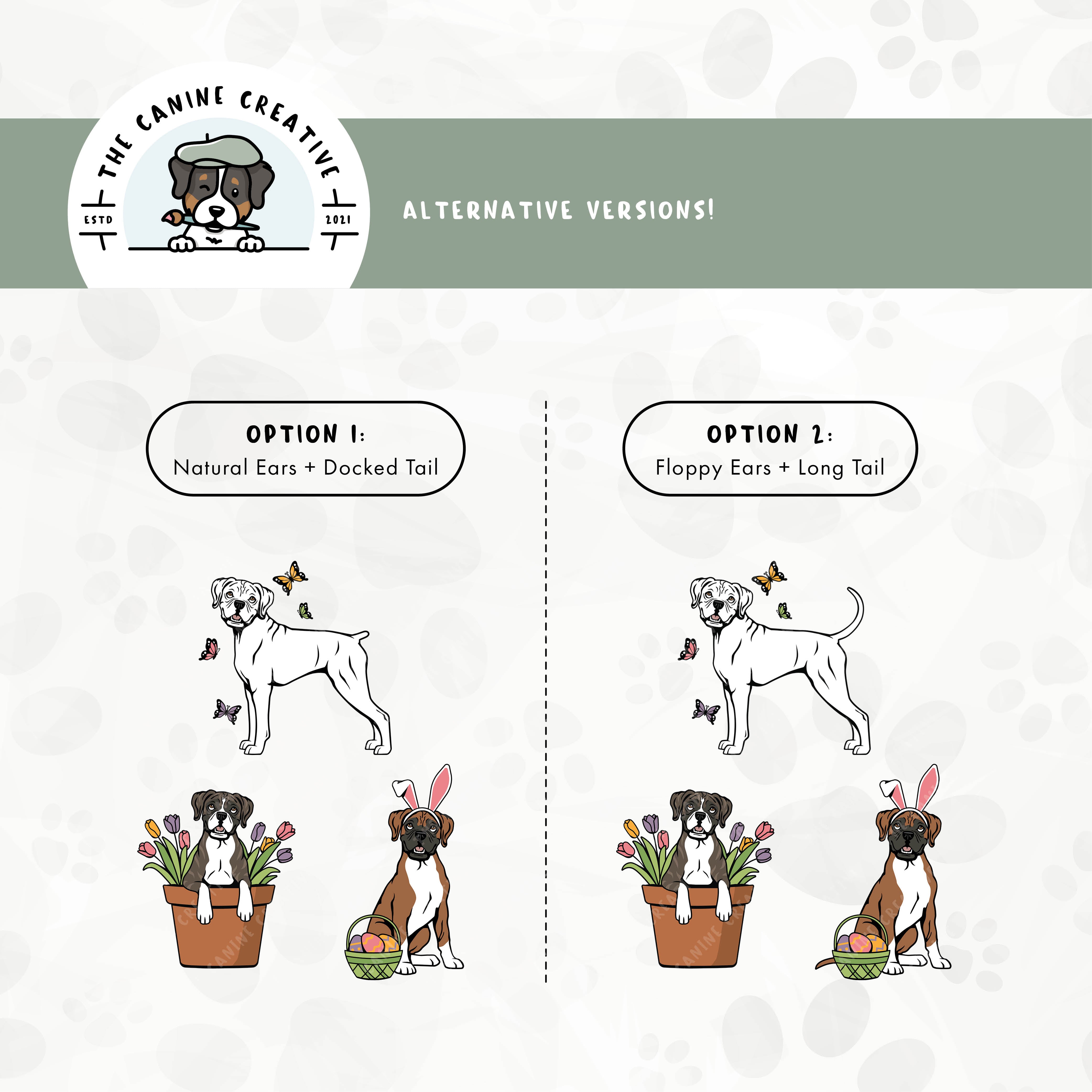 Alternative floppy ear/docked tail or floppy ear/long tail editions are also available for this 3-pack Boxer dog springtime illustration bundle.