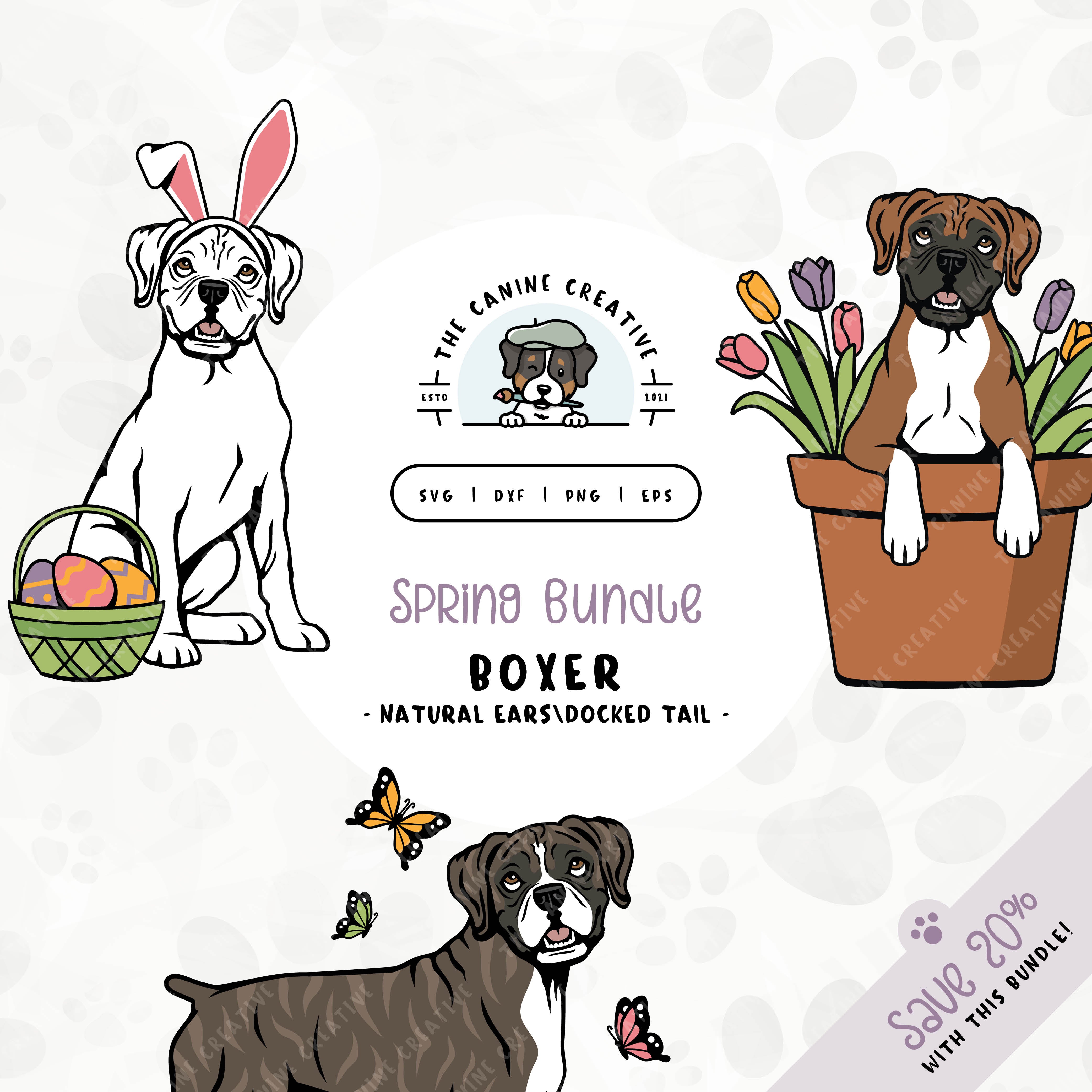 This 3-pack springtime illustration bundle features Boxer dogs with floppy ears and docked tails among colorful butterflies, peeking out from a pot of vibrant tulips, and wearing festive bunny ears while sitting near a basket of brightly-colored Easter eggs. File formats include: SVG, DXF, PNG, and EPS.