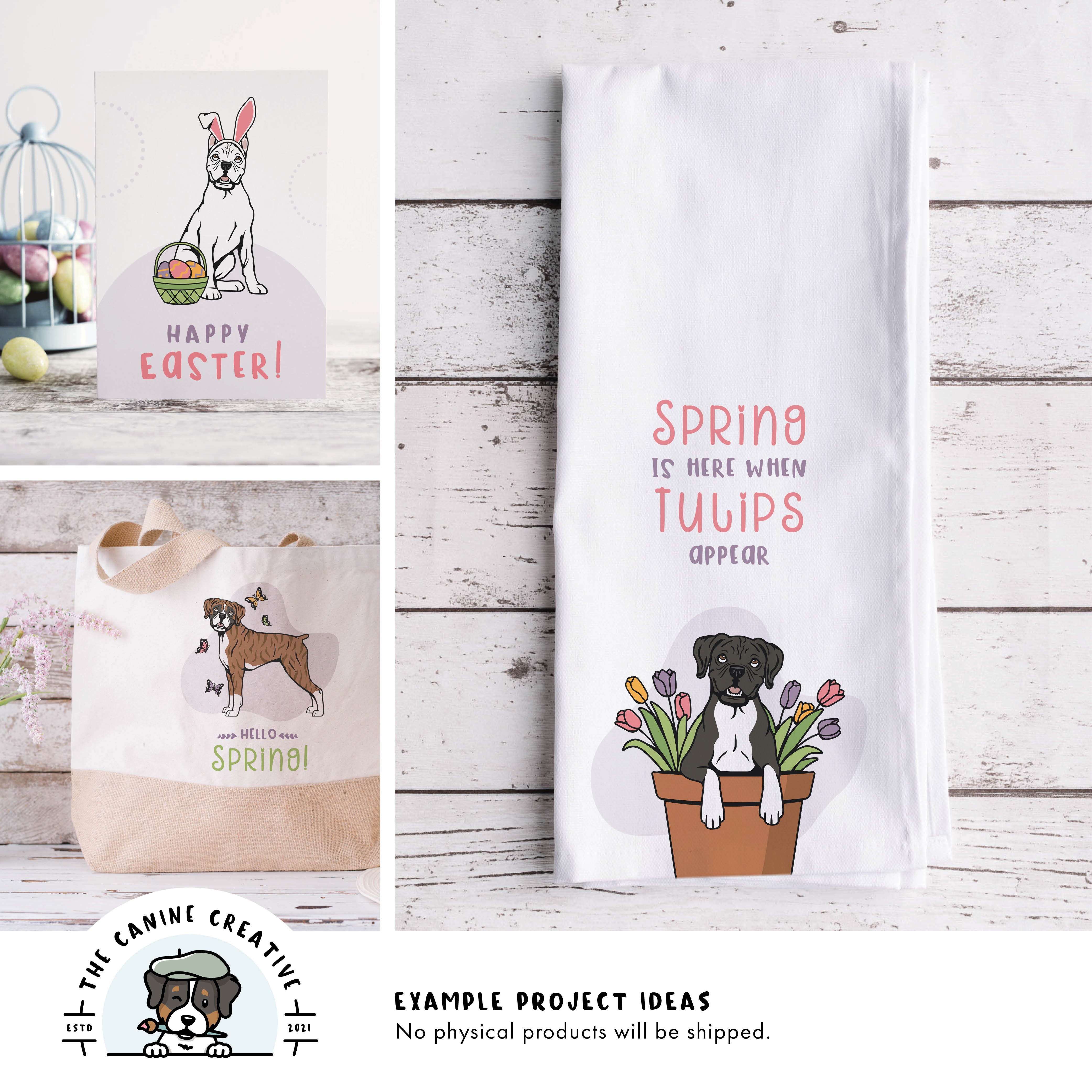 Example project ideas showing designs on a greeting card, tote bag, and tea towel.