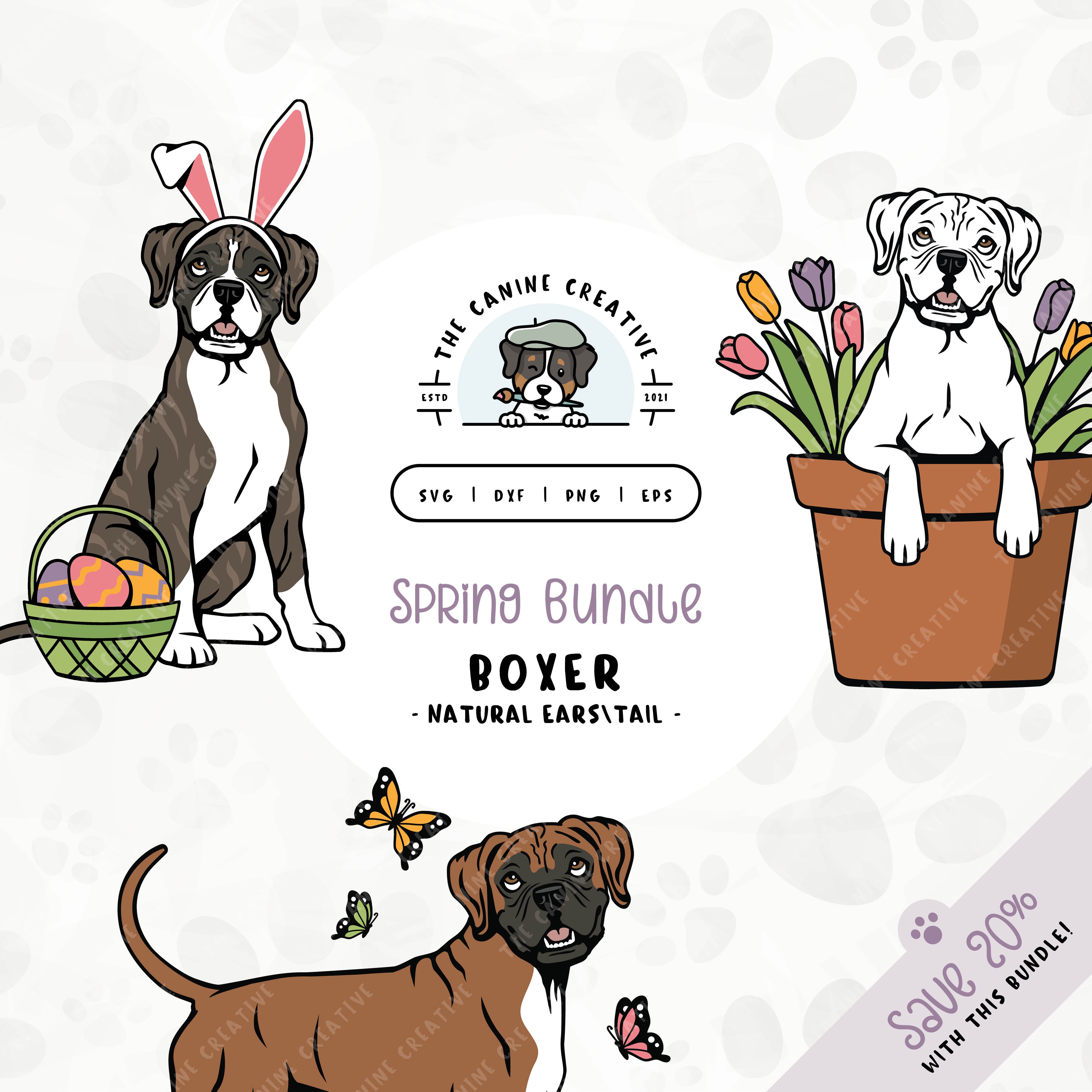 This 3-pack springtime illustration bundle features Boxer dogs with floppy ears and long tails among colorful butterflies, peeking out from a pot of vibrant tulips, and wearing festive bunny ears while sitting near a basket of brightly-colored Easter eggs. File formats include: SVG, DXF, PNG, and EPS.