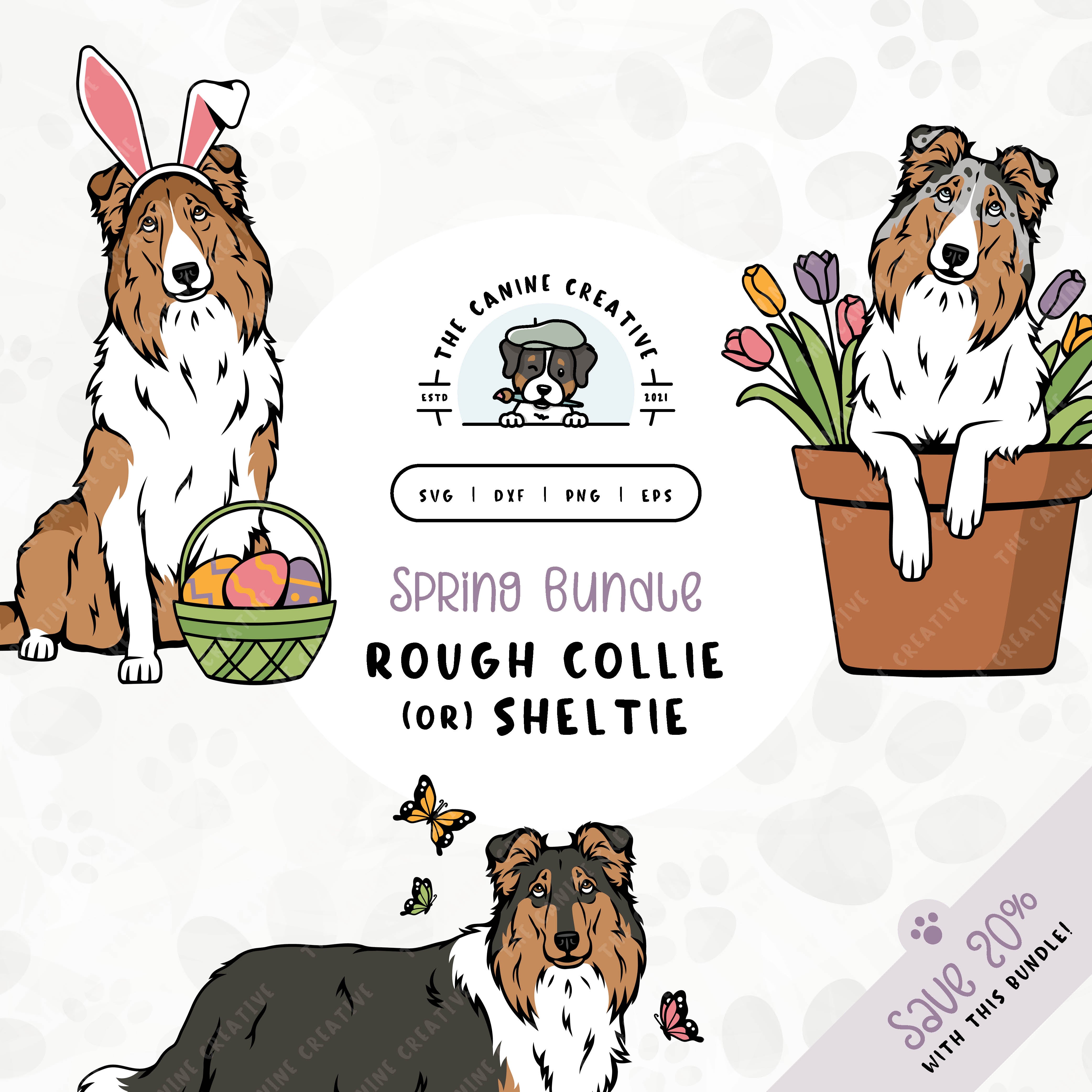 This 3-pack springtime illustration bundle features Rough Collies/Shetland Sheepdogs among colorful butterflies, peeking out from a pot of vibrant tulips, and wearing festive bunny ears while sitting near a basket of brightly-colored Easter eggs. File formats include: SVG, DXF, PNG, and EPS.