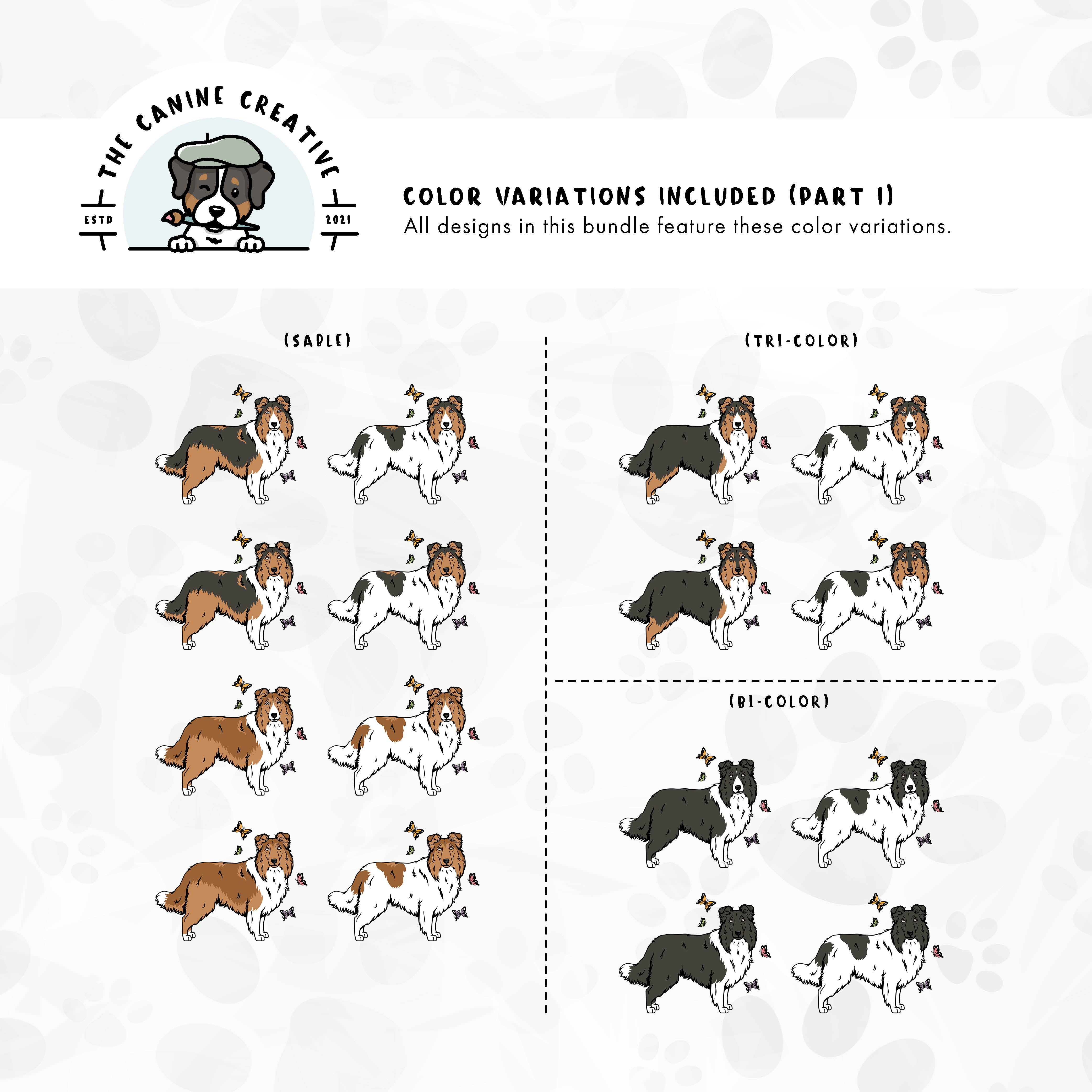 Part 1 of dog color variations for each design in this bundle includes bi-black, sable, and tri-color in standard and white-factored markings.