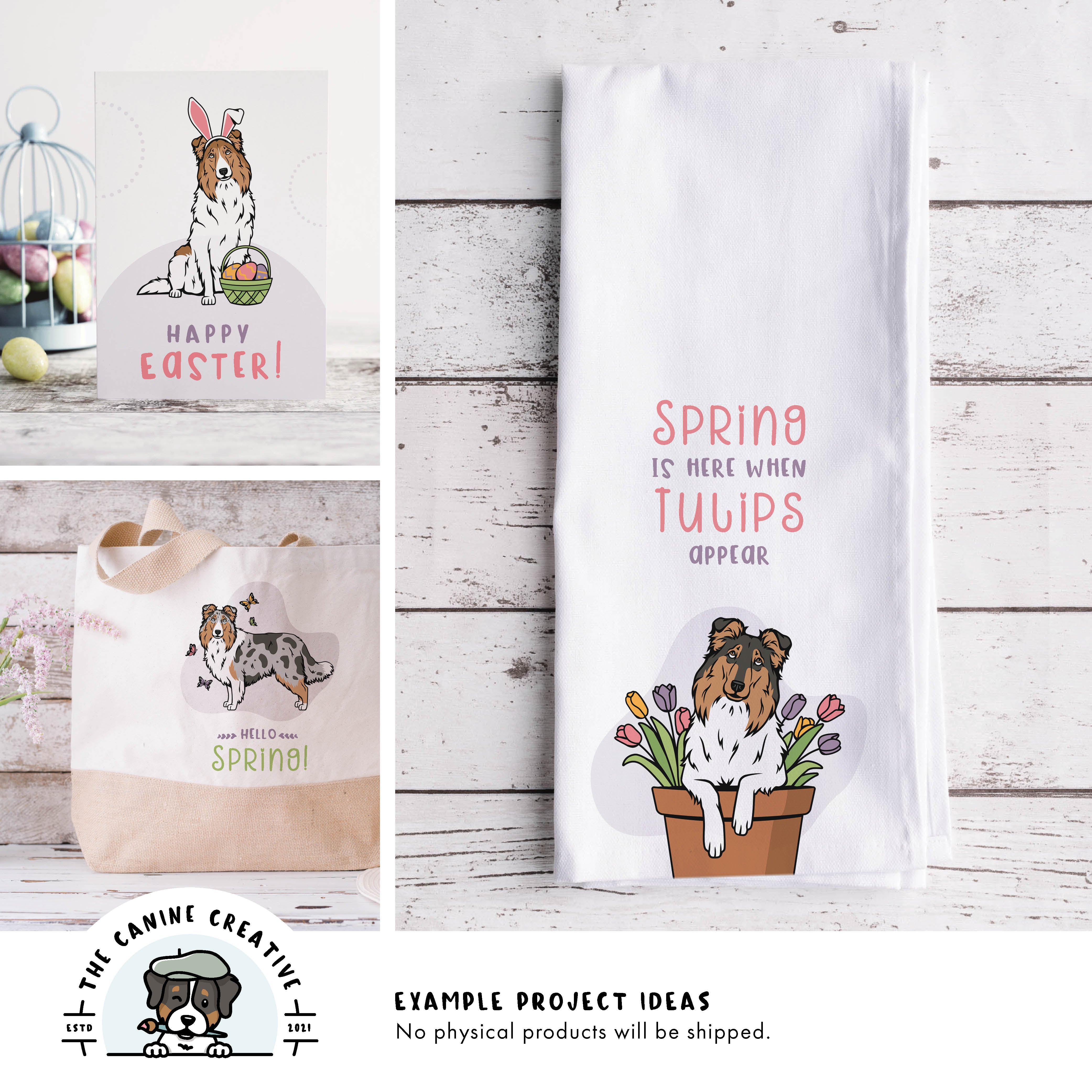 Example project ideas showing designs on a greeting card, tote bag, and tea towel.