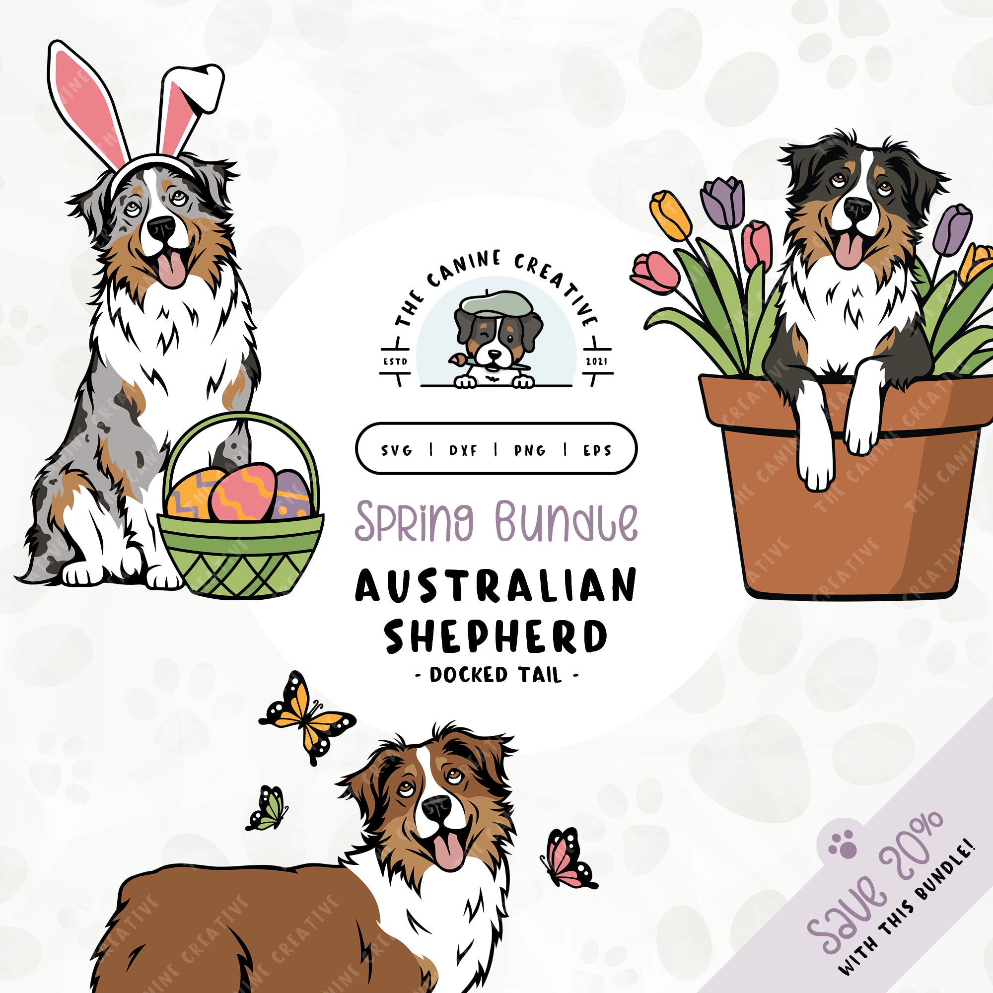 This 3-pack springtime illustration bundle features docked tail Australian Shepherds among colorful butterflies, peeking out from a pot of vibrant tulips, and wearing festive bunny ears while sitting near a basket of brightly-colored Easter eggs. File formats include: SVG, DXF, PNG, and EPS.