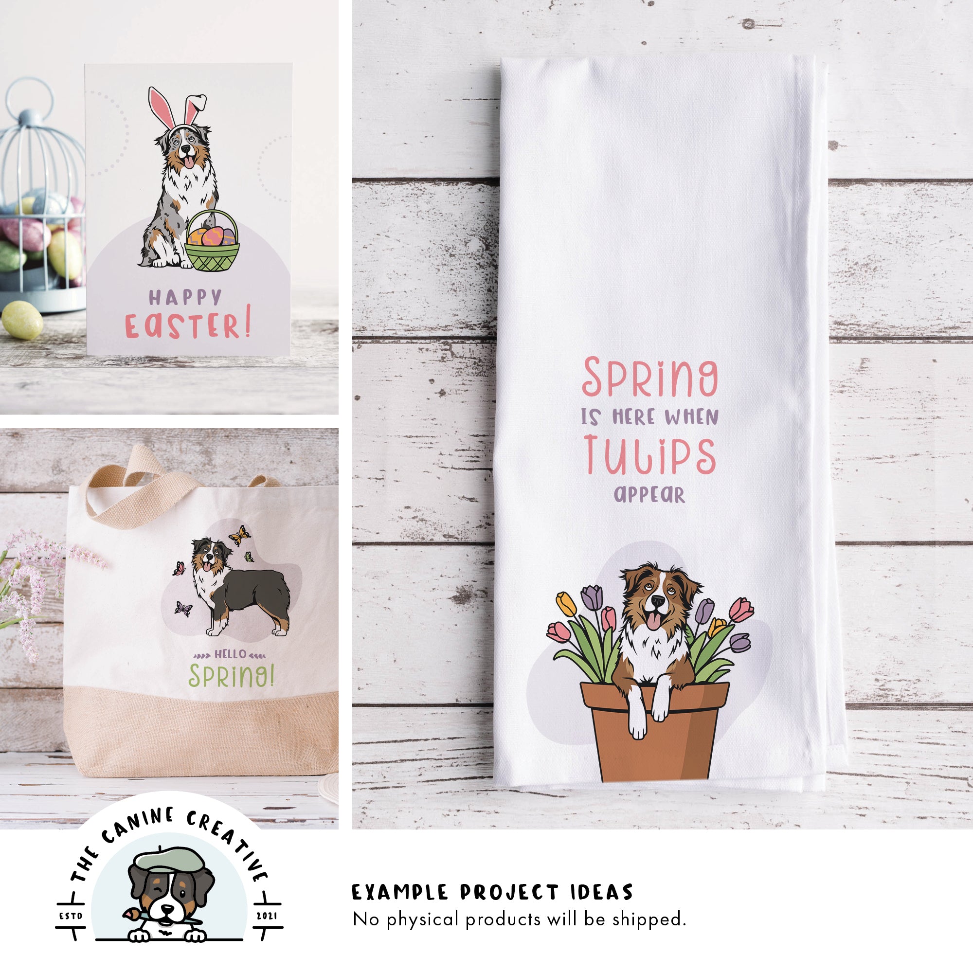 Example project ideas showing designs on a greeting card, tote bag, and tea towel.