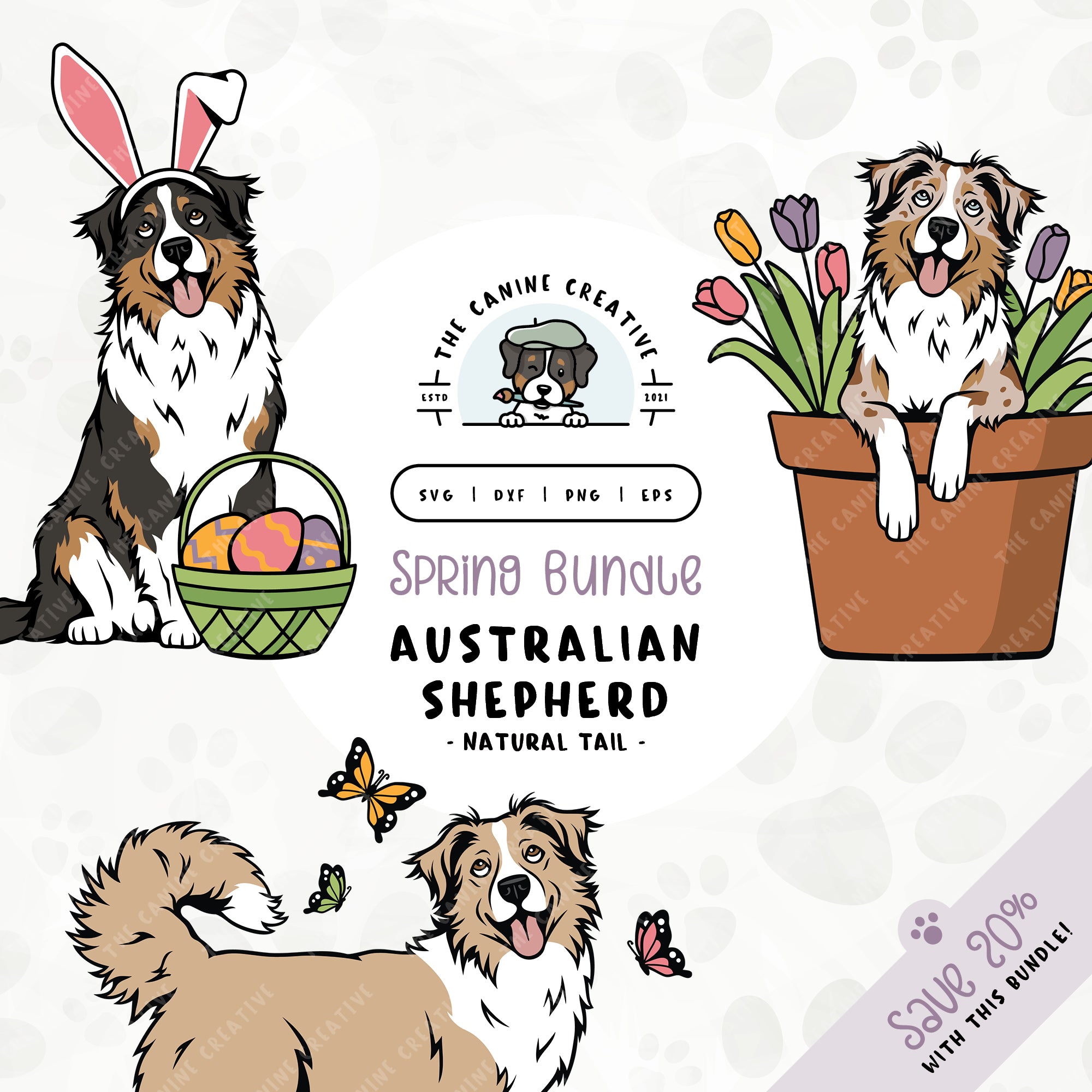 This 3-pack springtime illustration bundle features long tail Australian Shepherds among colorful butterflies, peeking out from a pot of vibrant tulips, and wearing festive bunny ears while sitting near a basket of brightly-colored Easter eggs. File formats include: SVG, DXF, PNG, and EPS.