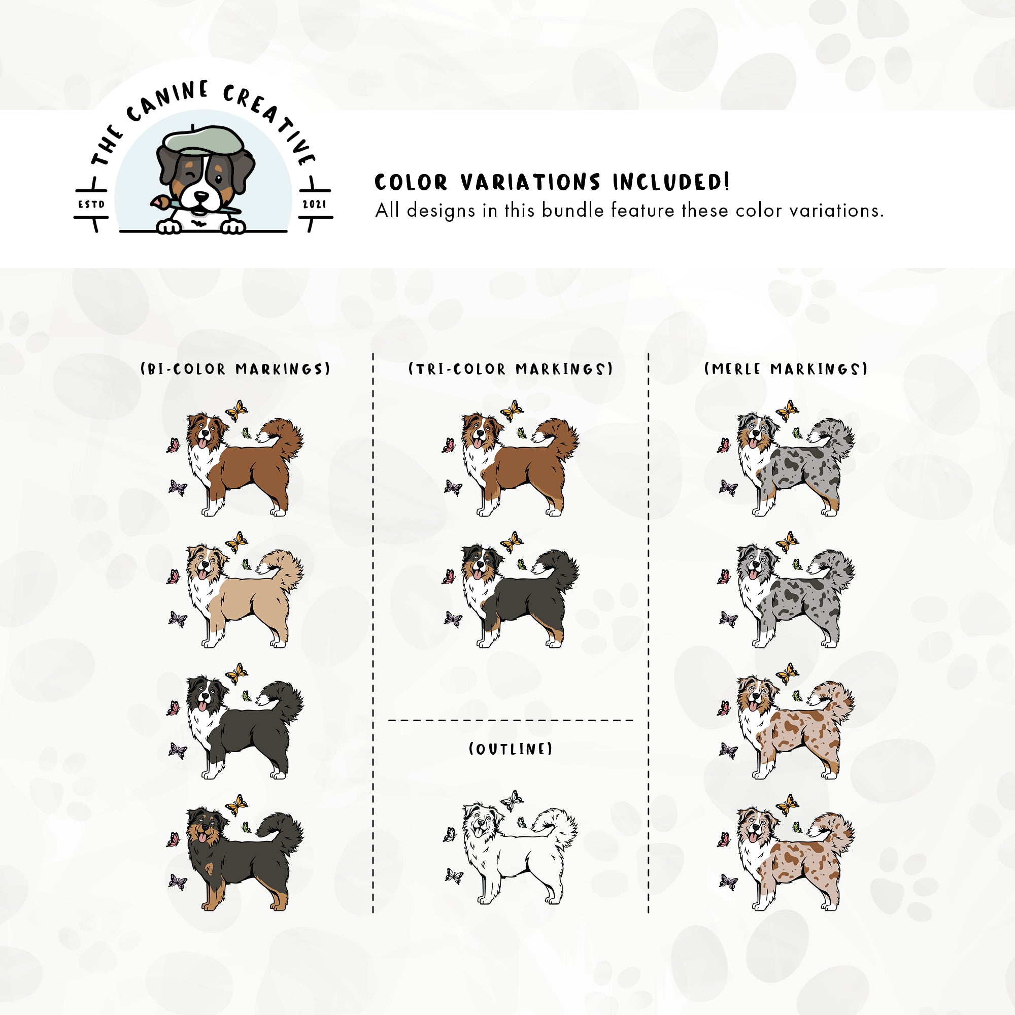 Dog color variations for this design set includes common color and marking variations found in Aussies (bi, tri, and Merle), as well as an outline option. 