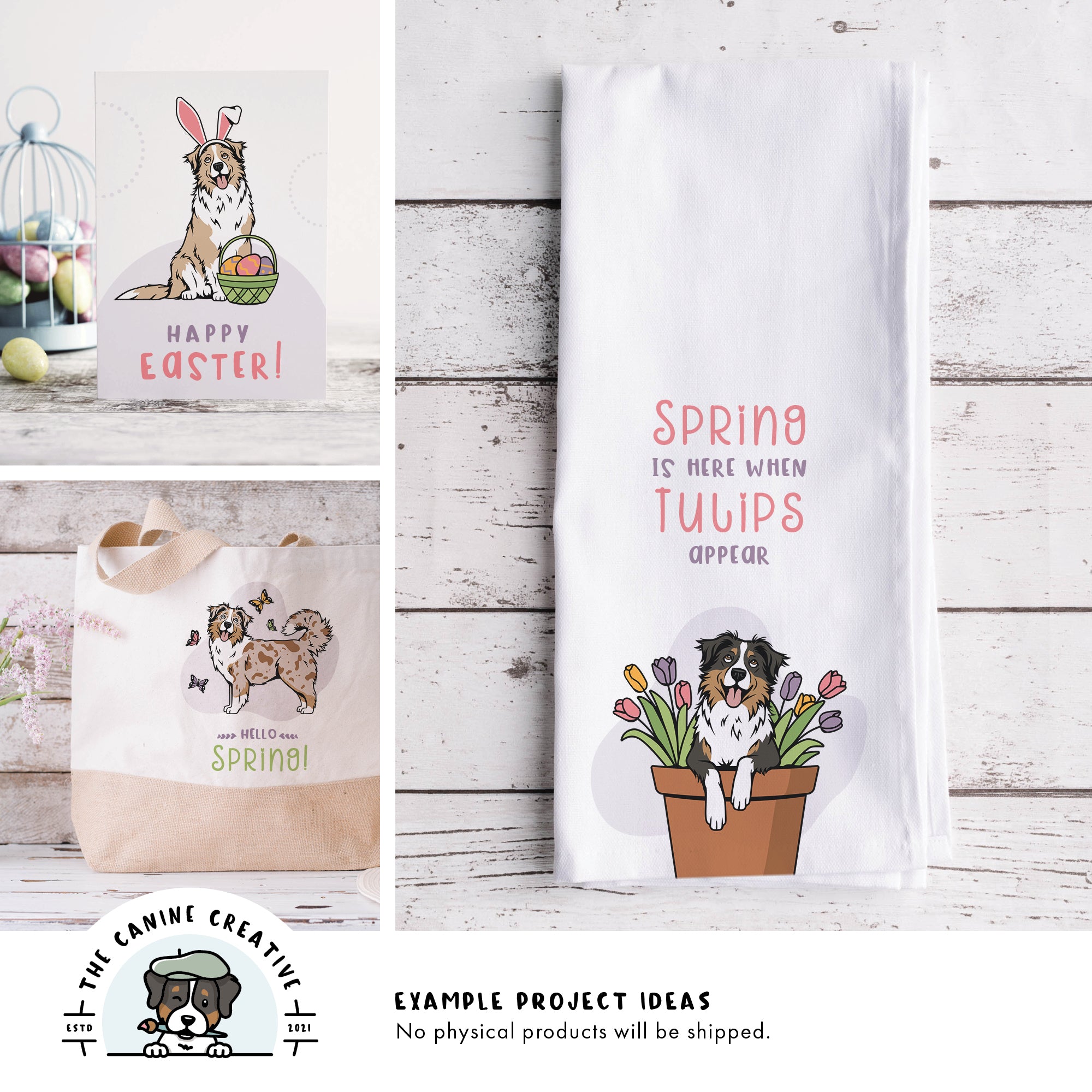 Example project ideas showing designs on a greeting card, tote bag, and tea towel.