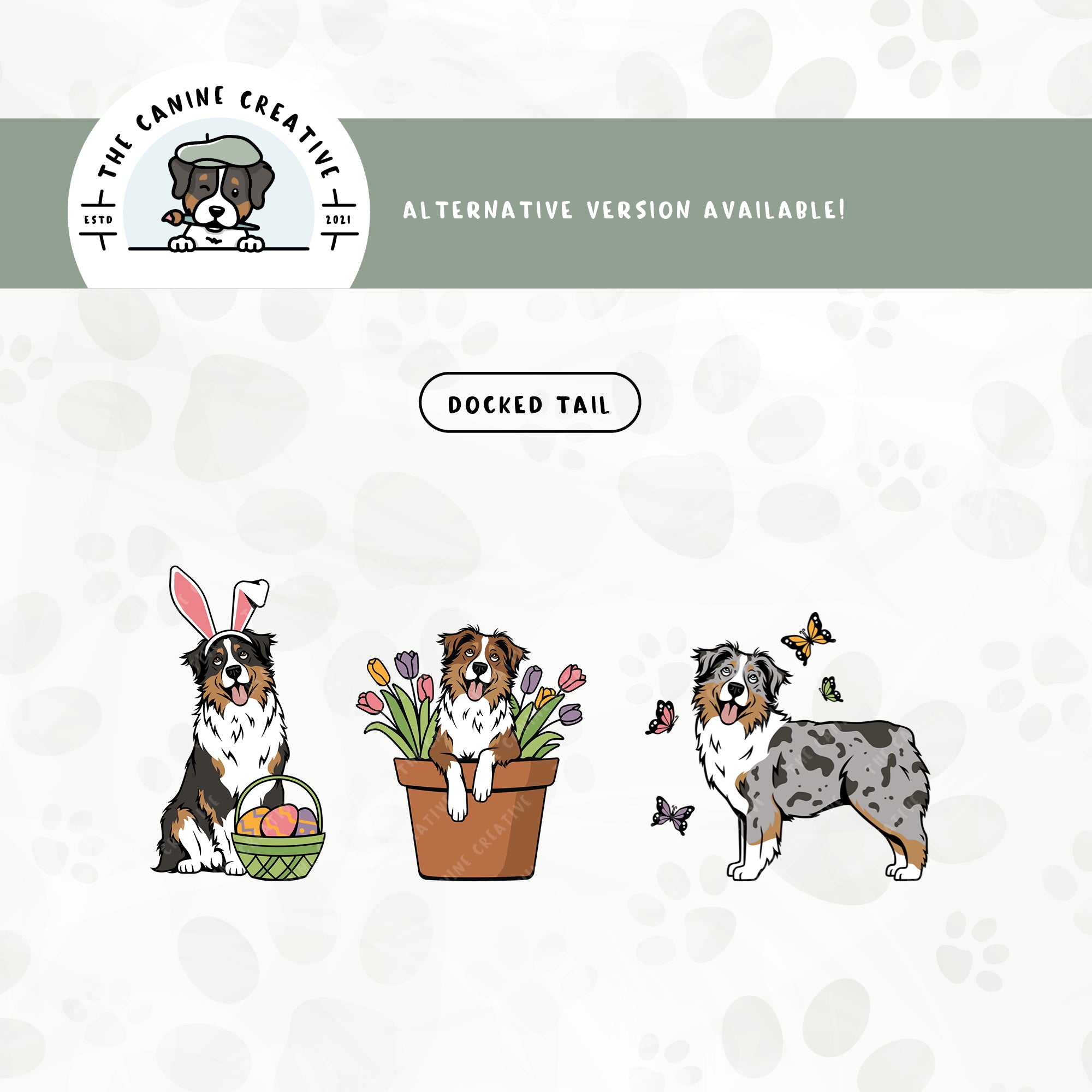 A docked tail version is also available for this 3-pack Australian Shepherd springtime illustration bundle.