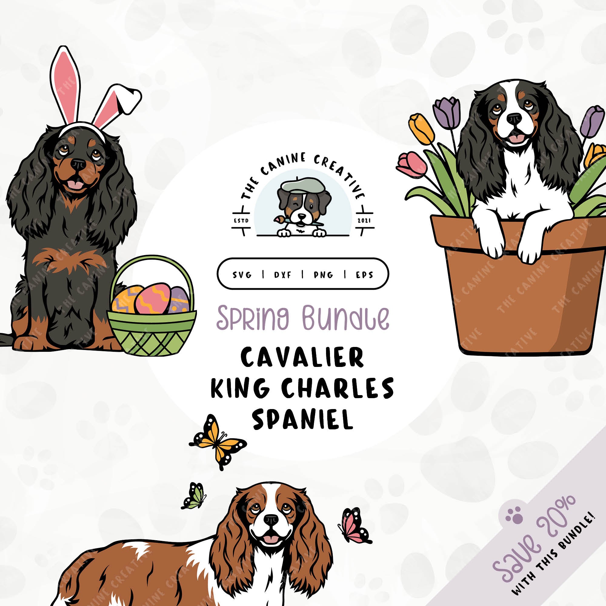 This 3-pack springtime illustration bundle features Cavalier King Charles Spaniel among colorful butterflies, peeking out from a pot of vibrant tulips, and wearing festive bunny ears while sitting near a basket of brightly-colored Easter eggs. File formats include: SVG, DXF, PNG, and EPS.