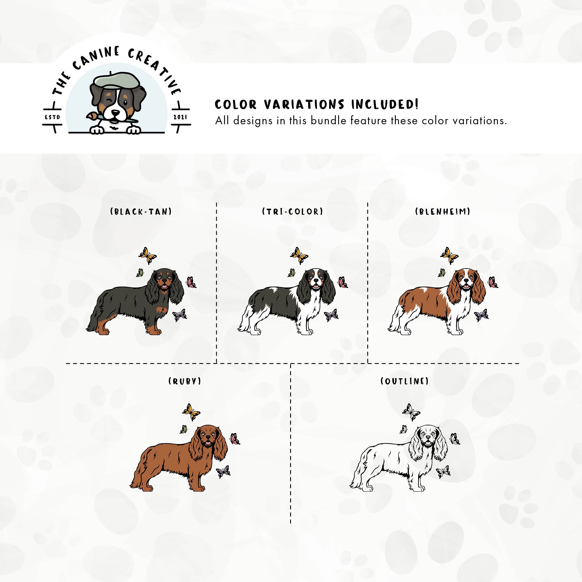 Dog color variations for this Cavalier King Charles Spaniel design set includes common color and marking variations found in this breed (blenheim, tri-color, black-tan, and ruby), as well as an outline option.