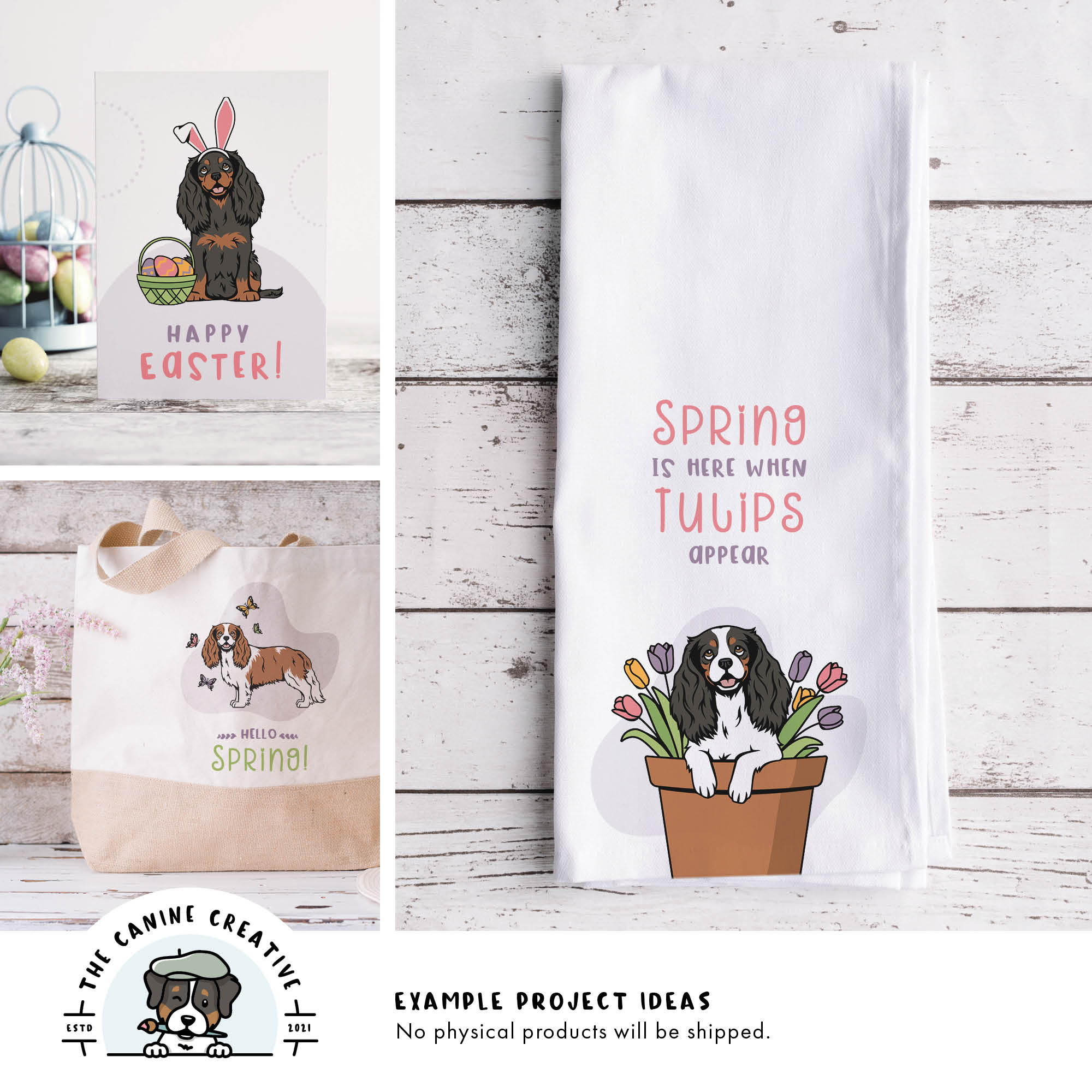 Example project ideas showing designs on a greeting card, tote bag, and tea towel.