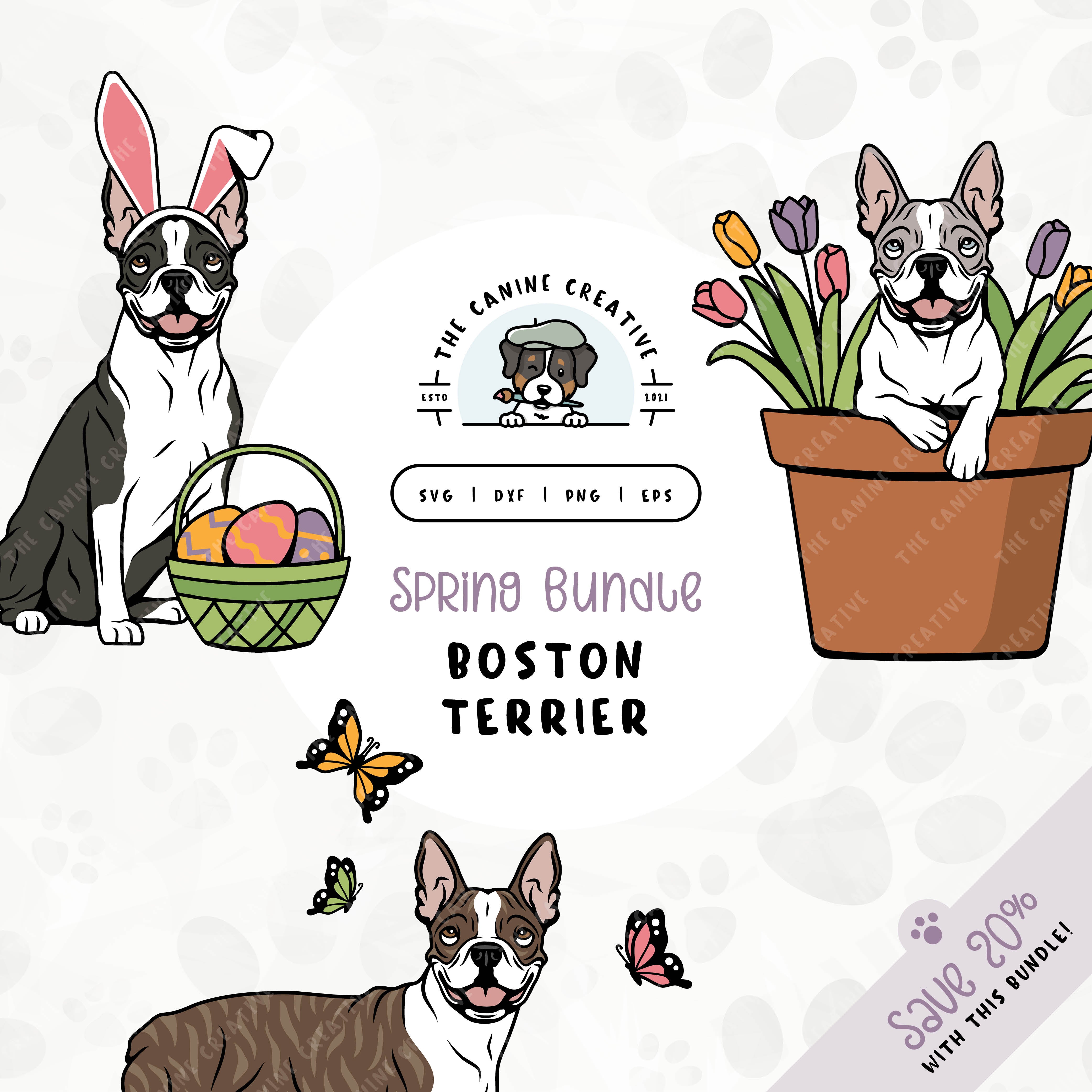 This 3-pack springtime illustration bundle features Boston Terriers among colorful butterflies, peeking out from a pot of vibrant tulips, and wearing festive bunny ears while sitting near a basket of brightly-colored Easter eggs. File formats include: SVG, DXF, PNG, and EPS.