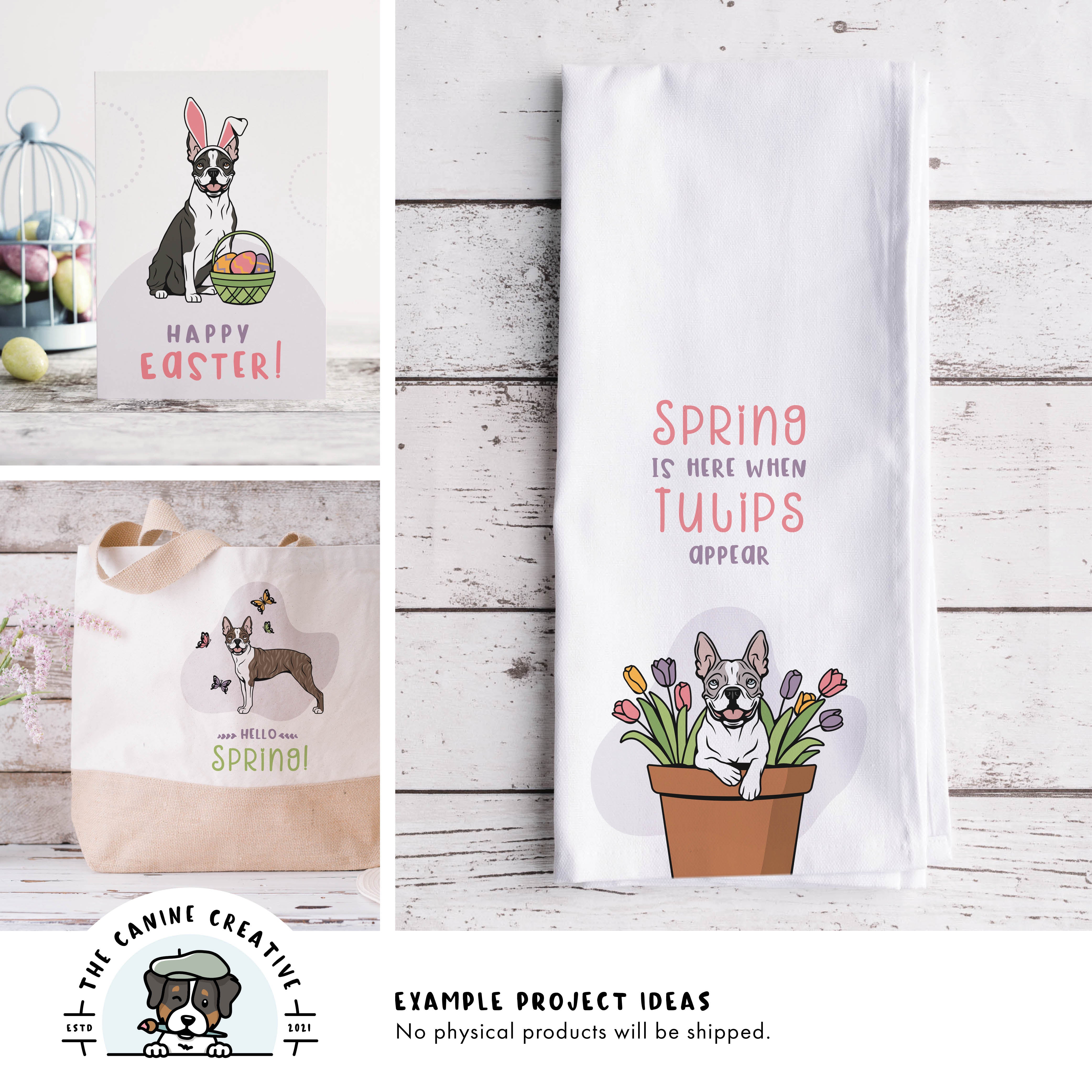 Example project ideas showing designs on a greeting card, tote bag, and tea towel.