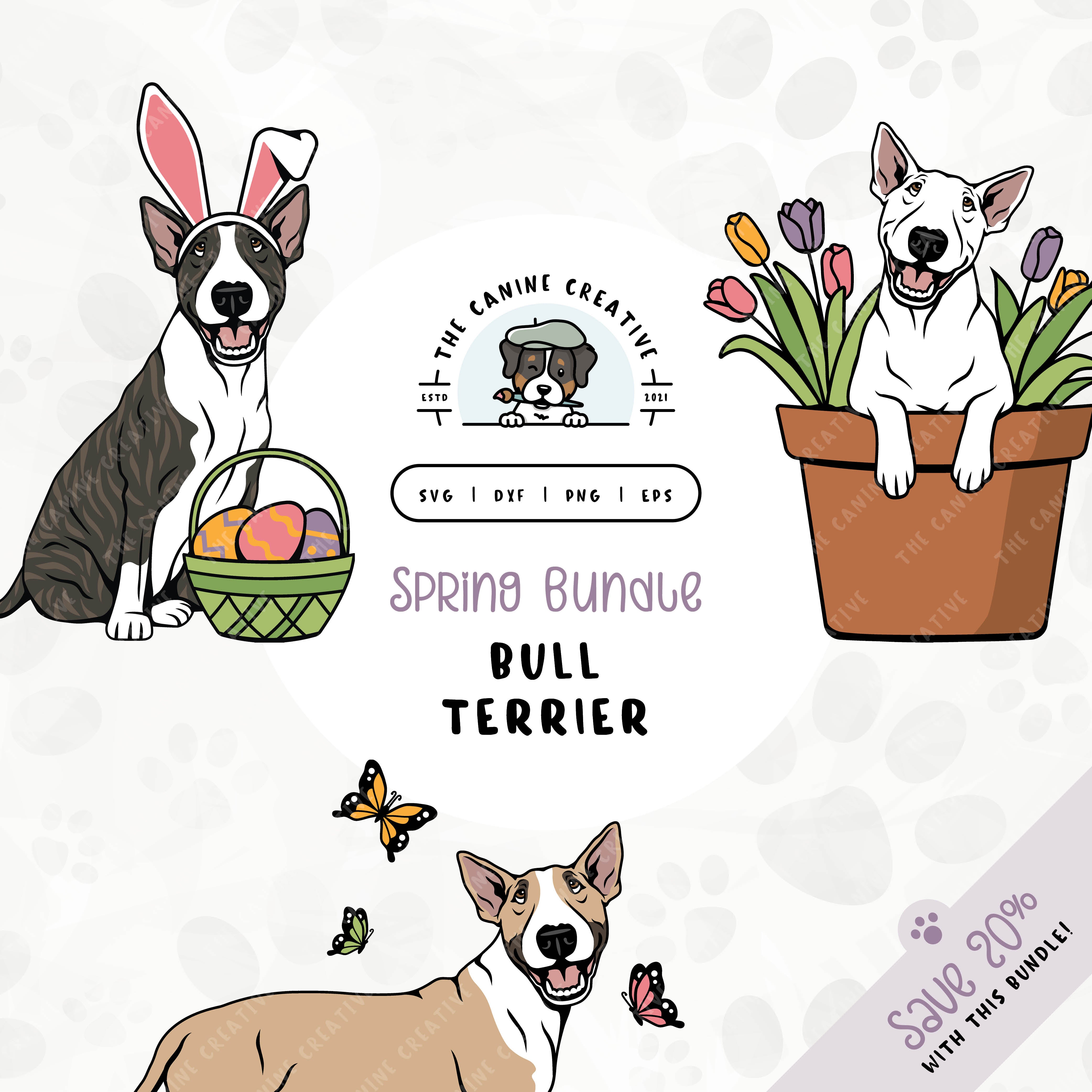 This 3-pack springtime illustration bundle features Bull Terriers among colorful butterflies, peeking out from a pot of vibrant tulips, and wearing festive bunny ears while sitting near a basket of brightly-colored Easter eggs. File formats include: SVG, DXF, PNG, and EPS.