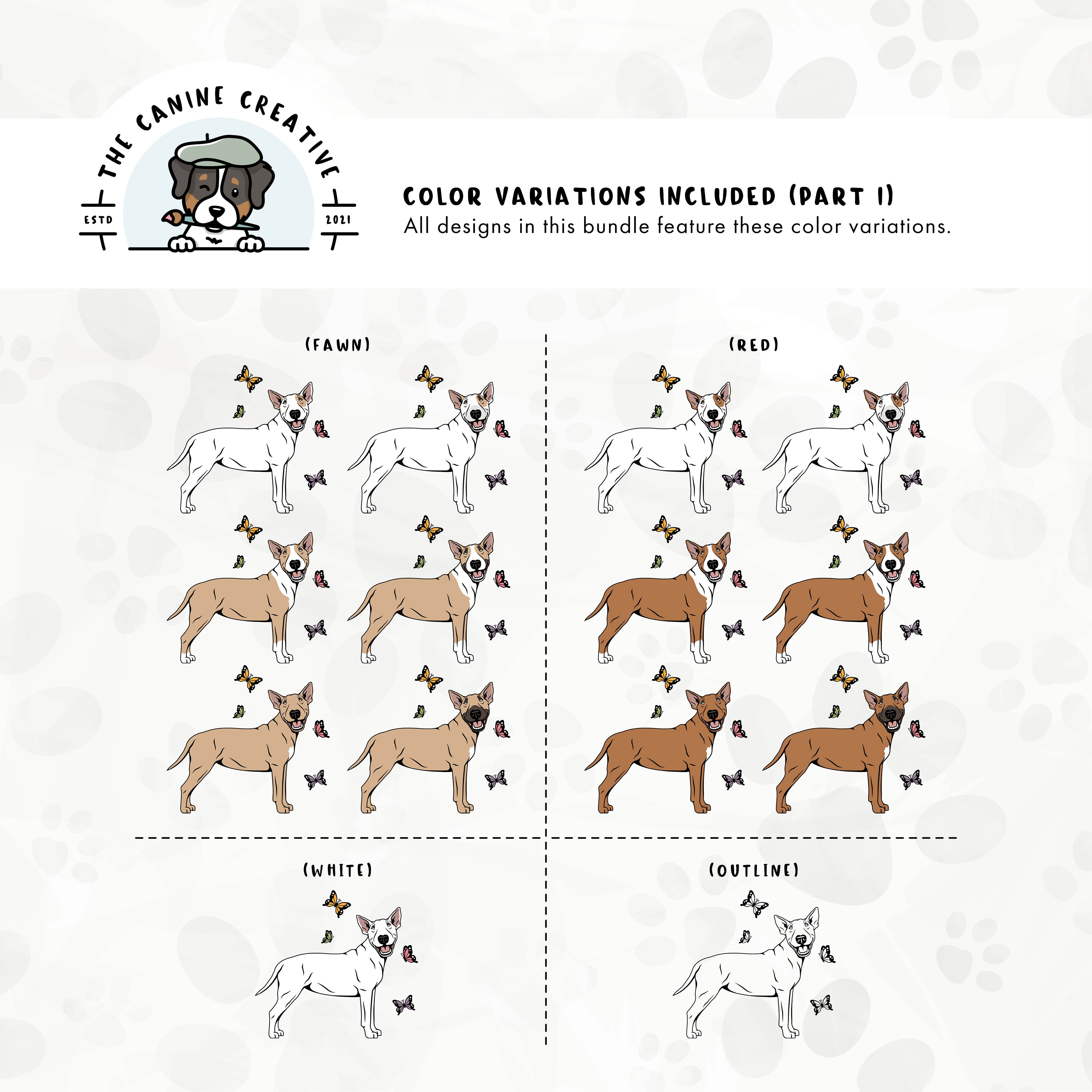 Part 1 of dog color variations for this design set includes common color and marking variations found in this Bully breed (white, bi-color, and smut), as well as an outline option.