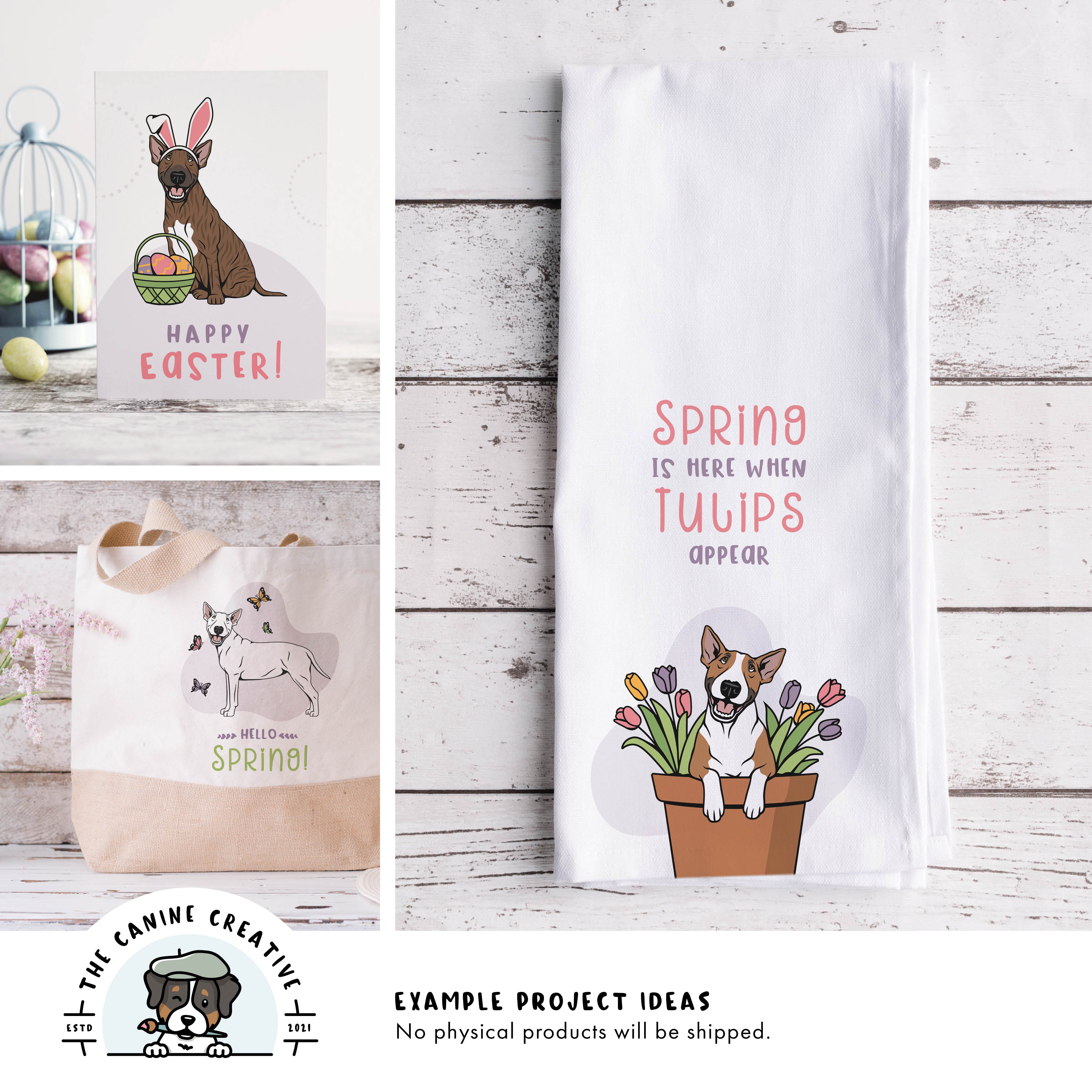 Example project ideas showing designs on a greeting card, tote bag, and tea towel.