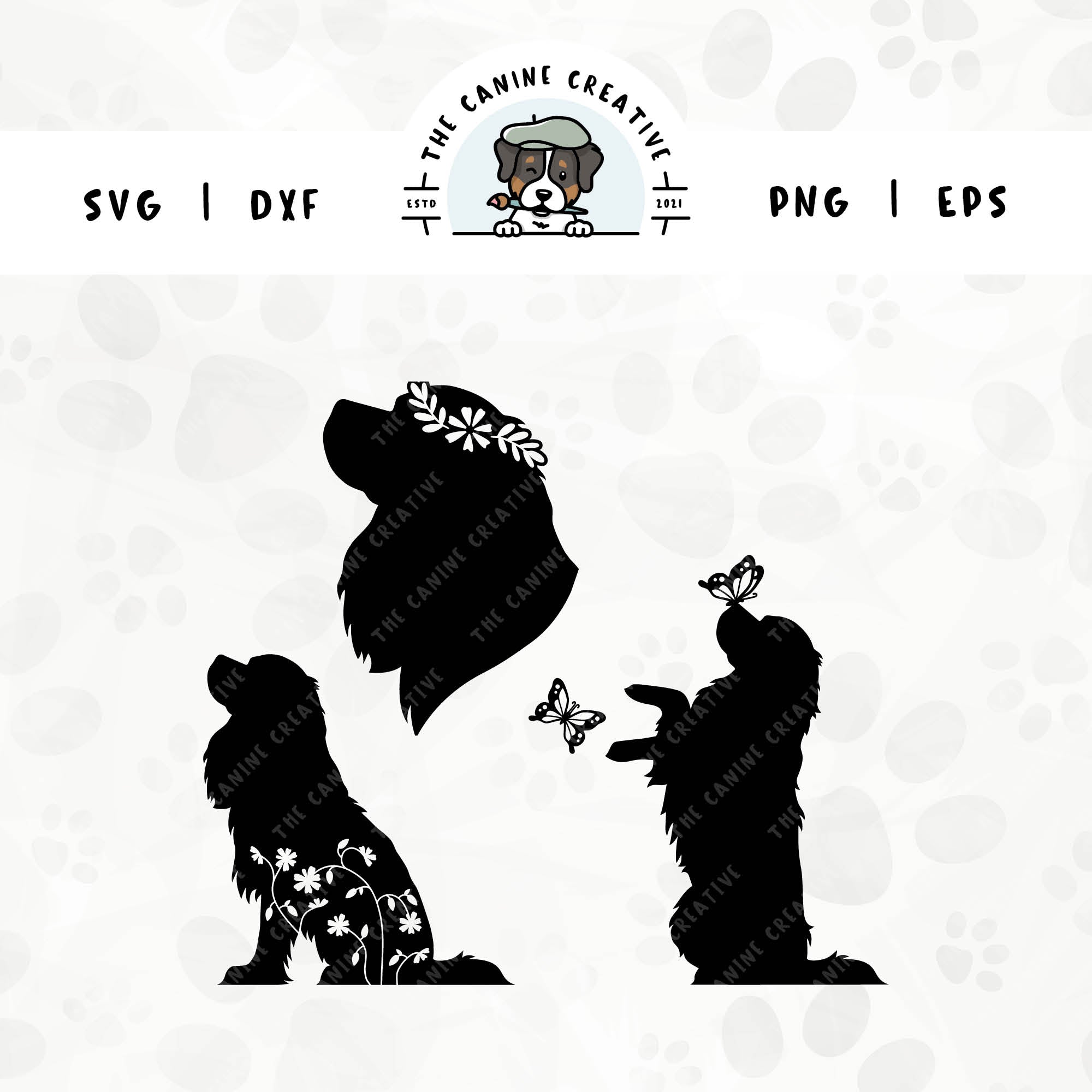 This 3-pack Cavalier King Charles Spaniel silhouette bundle features a head portrait of a dog wearing a floral crown, a sitting dog with inset flowers, and a dog interacting with butterflies. File formats include: SVG, DXF, PNG, and EPS.