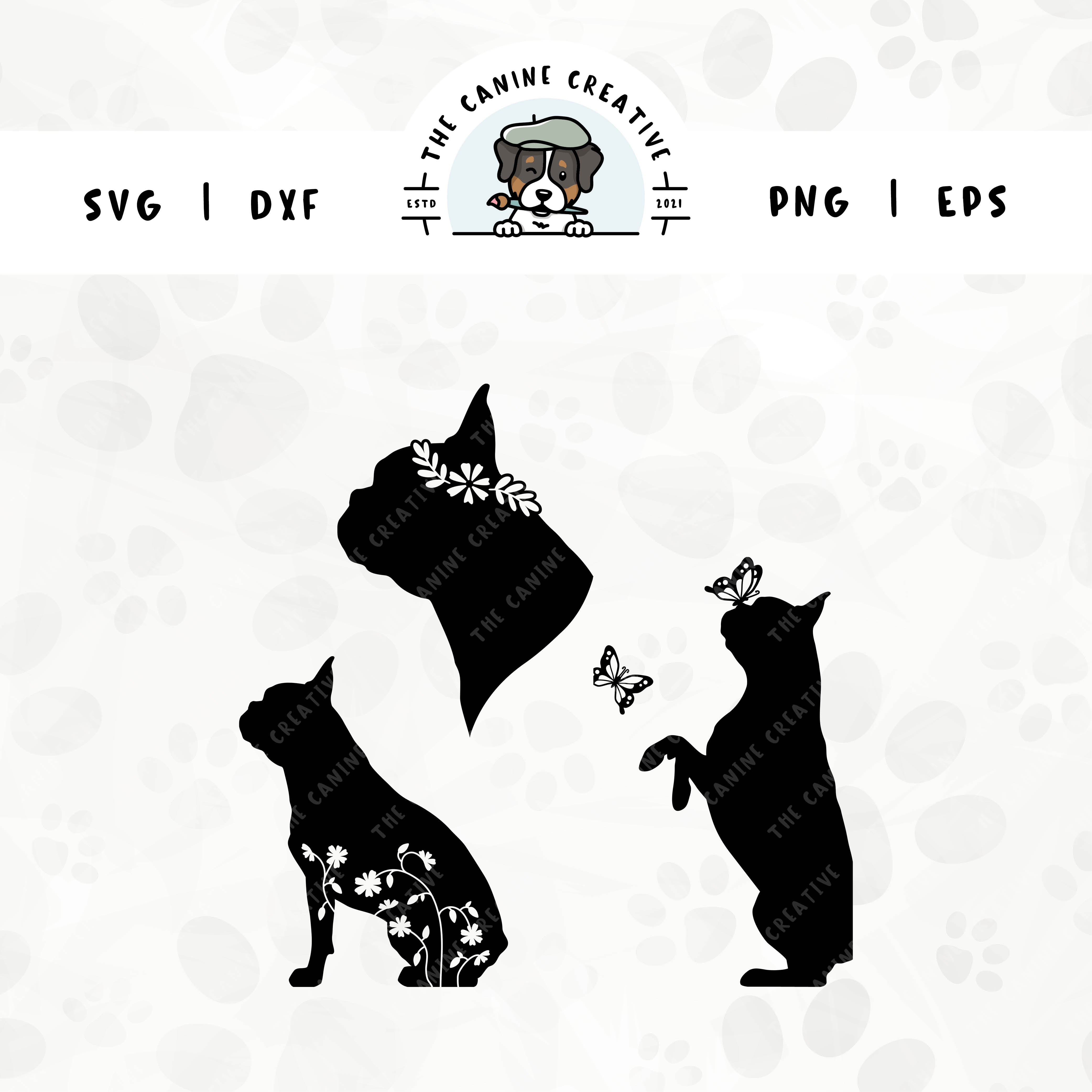 This 3-pack Boston Terrier silhouette bundle features a head portrait of a dog wearing a floral crown, a sitting dog with inset flowers, and a dog interacting with butterflies. File formats include: SVG, DXF, PNG, and EPS.