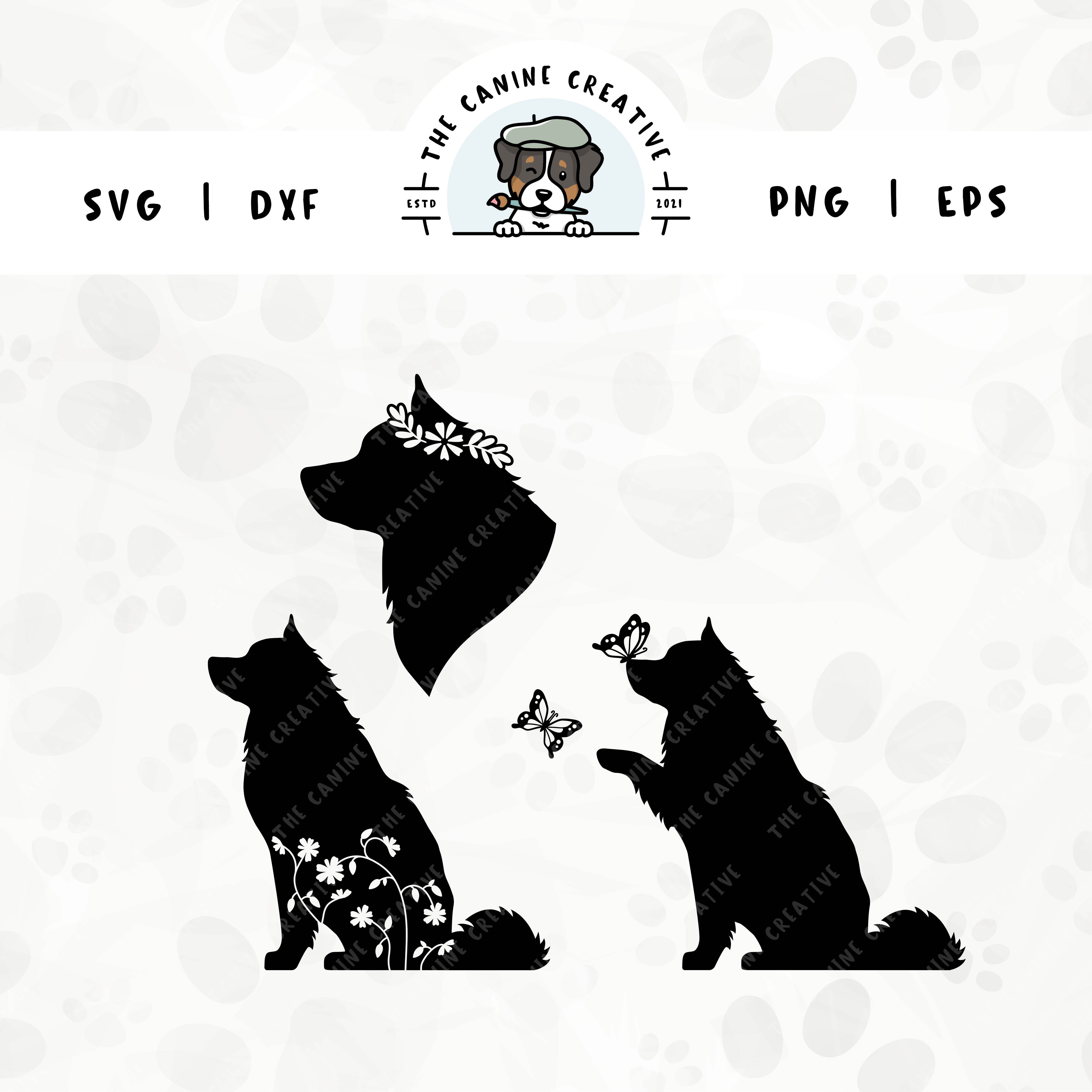 This 3-pack Alaskan Malamute silhouette bundle features a head portrait of a dog wearing a floral crown, a sitting dog with inset flowers, and a dog interacting with butterflies. File formats include: SVG, DXF, PNG, and EPS.