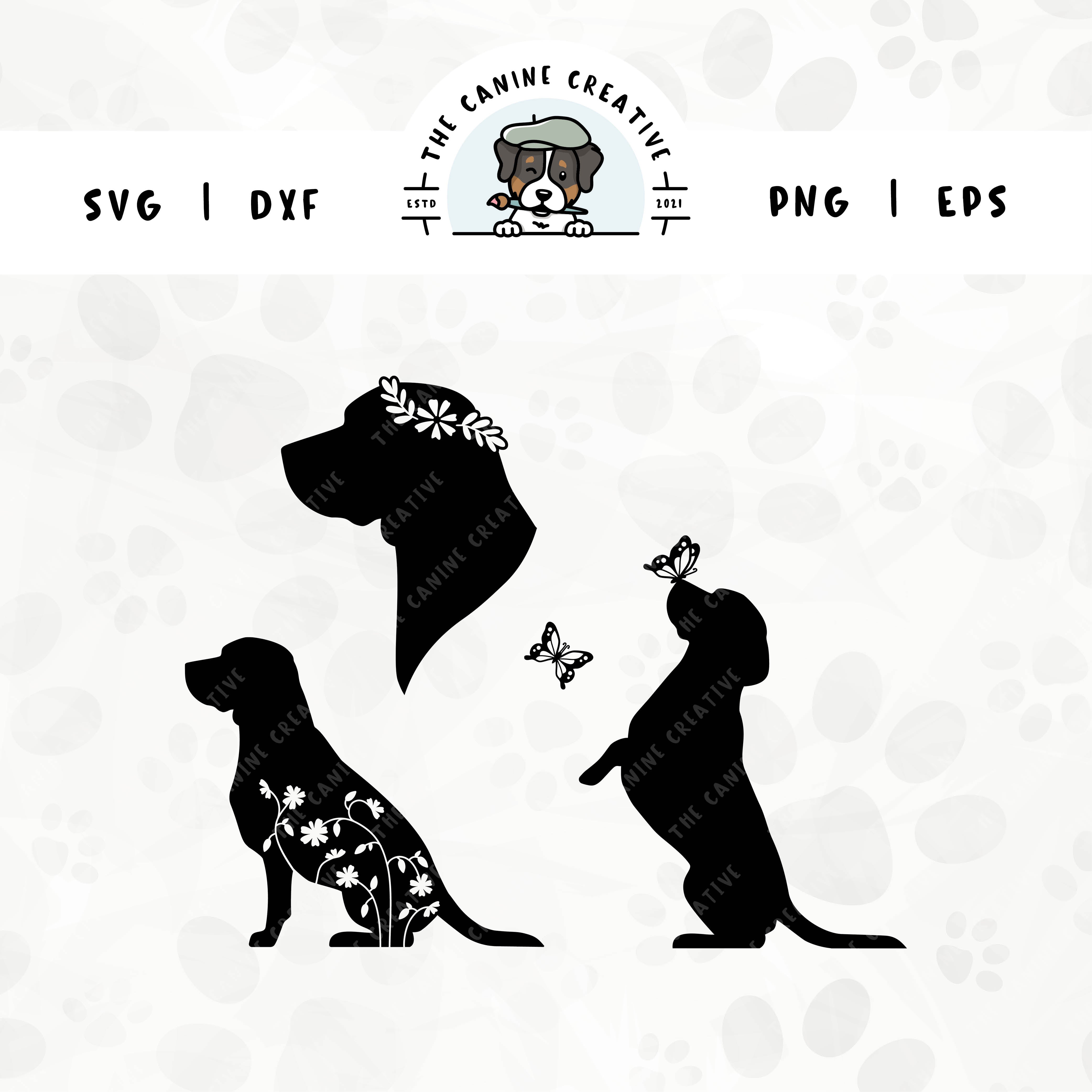 This 3-pack Beagle silhouette bundle features a head portrait of a dog wearing a floral crown, a sitting dog with inset flowers, and a dog interacting with butterflies. File formats include: SVG, DXF, PNG, and EPS.