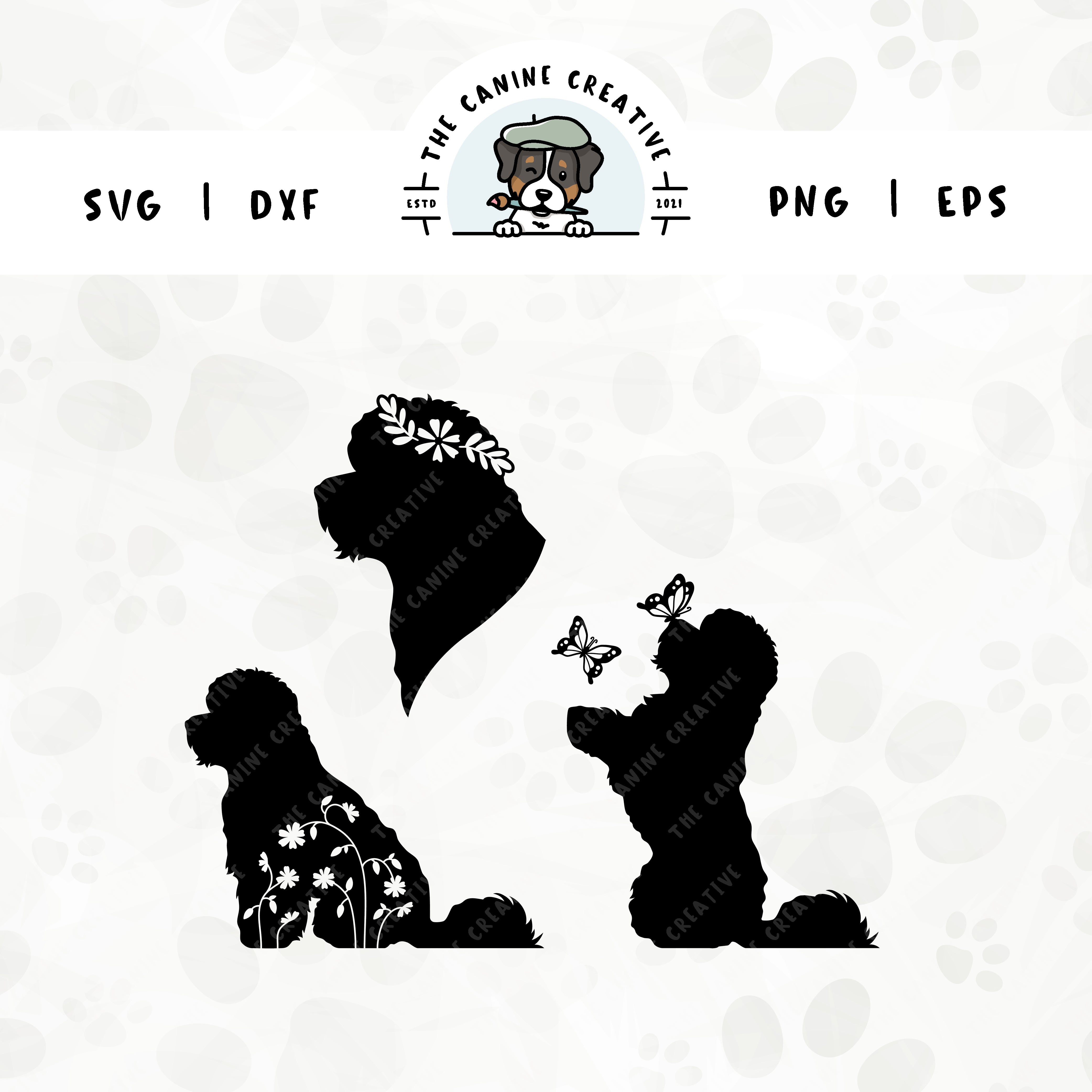This 3-pack Bichon Frise silhouette bundle features a head portrait of a dog wearing a floral crown, a sitting dog with inset flowers, and a dog interacting with butterflies. File formats include: SVG, DXF, PNG, and EPS.