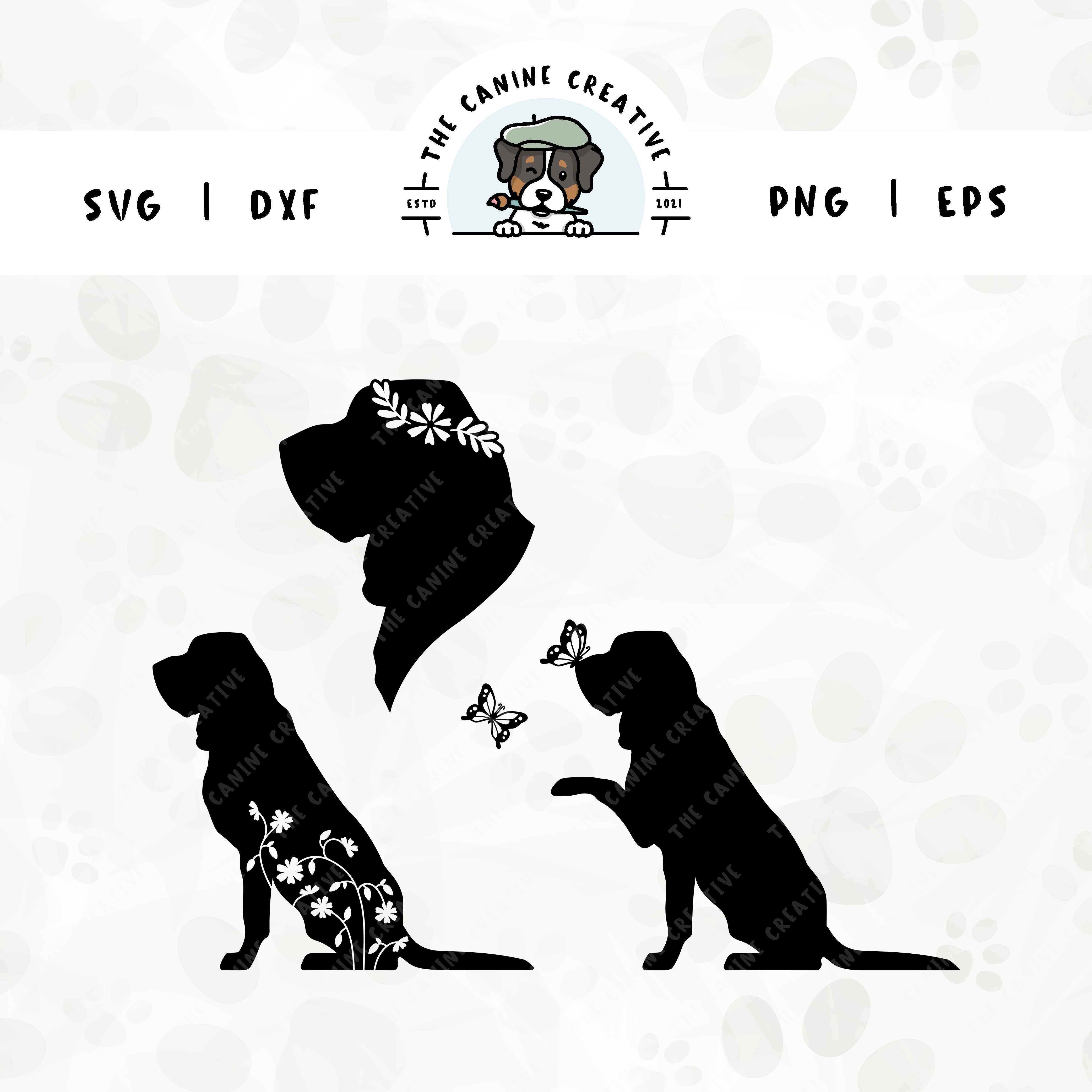 This 3-pack Bloodhound silhouette bundle features a head portrait of a dog wearing a floral crown, a sitting dog with inset flowers, and a dog interacting with butterflies. File formats include: SVG, DXF, PNG, and EPS.