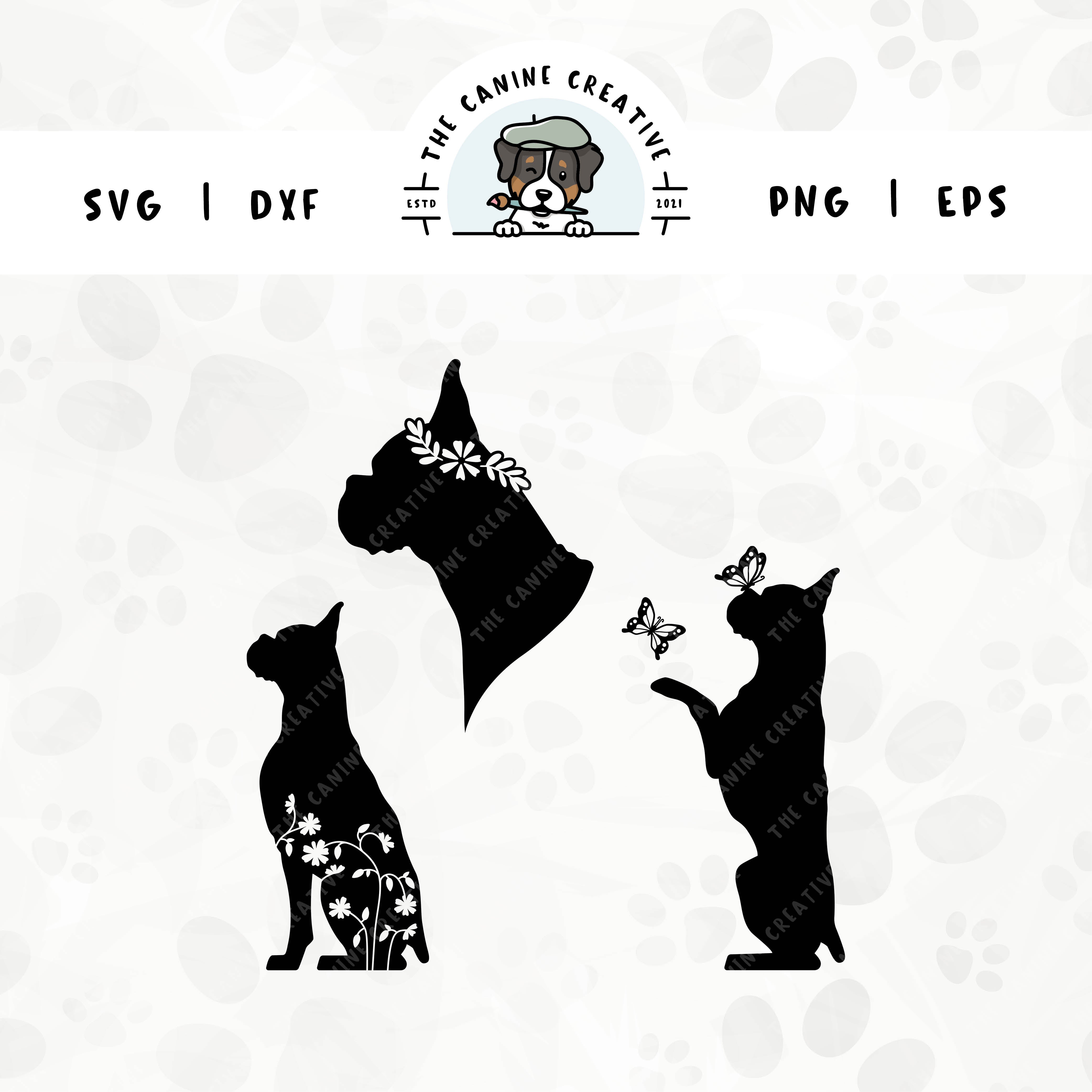 This 3-pack Boxer dog silhouette bundle (cropped ear/docked tail edition) features a head portrait of a dog wearing a floral crown, a sitting dog with inset flowers, and a dog interacting with butterflies. File formats include: SVG, DXF, PNG, and EPS.