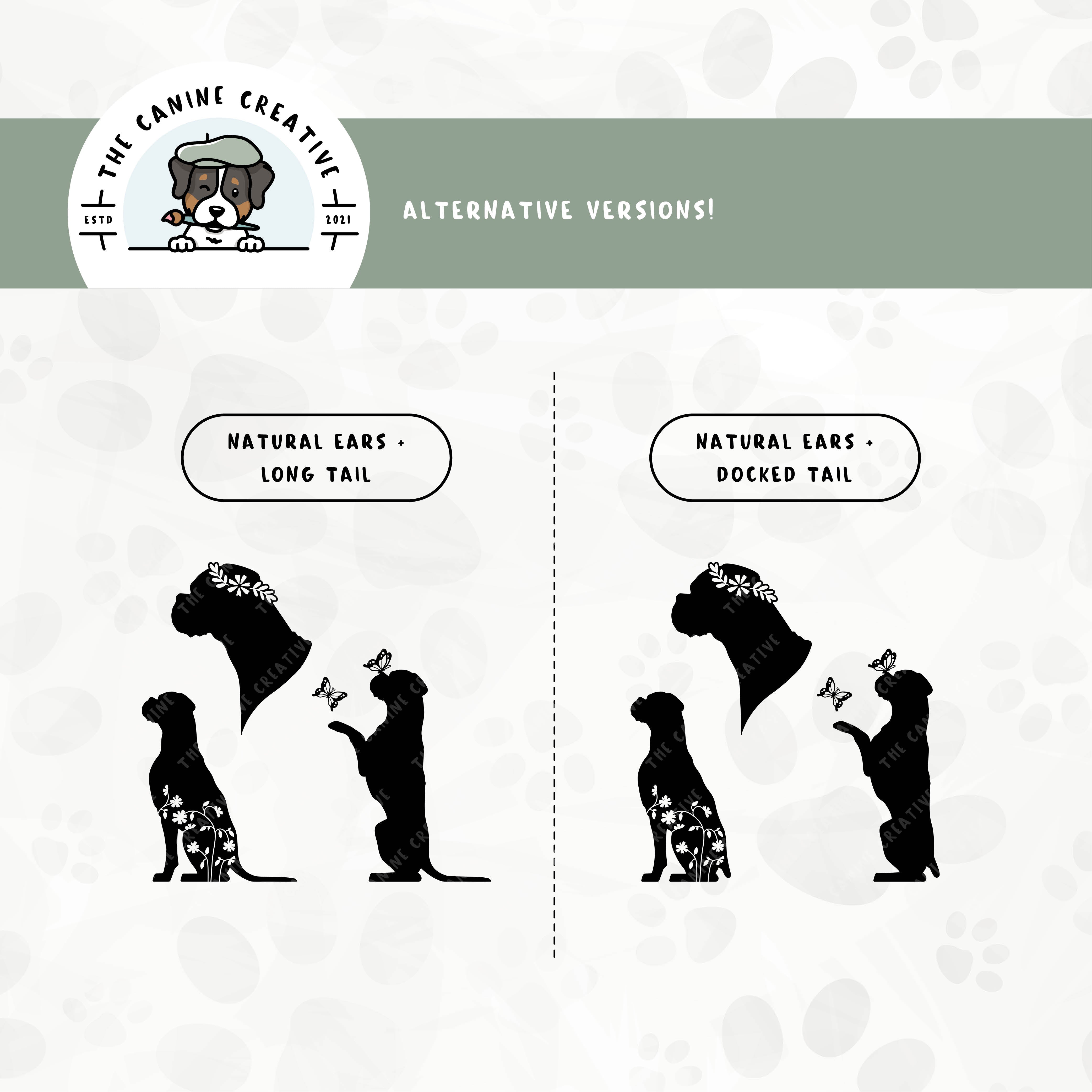 Alternative floppy ear/docked tail or floppy ear/long tail editions are also available for this 3-pack springtime Boxer dog silhouette bundle.