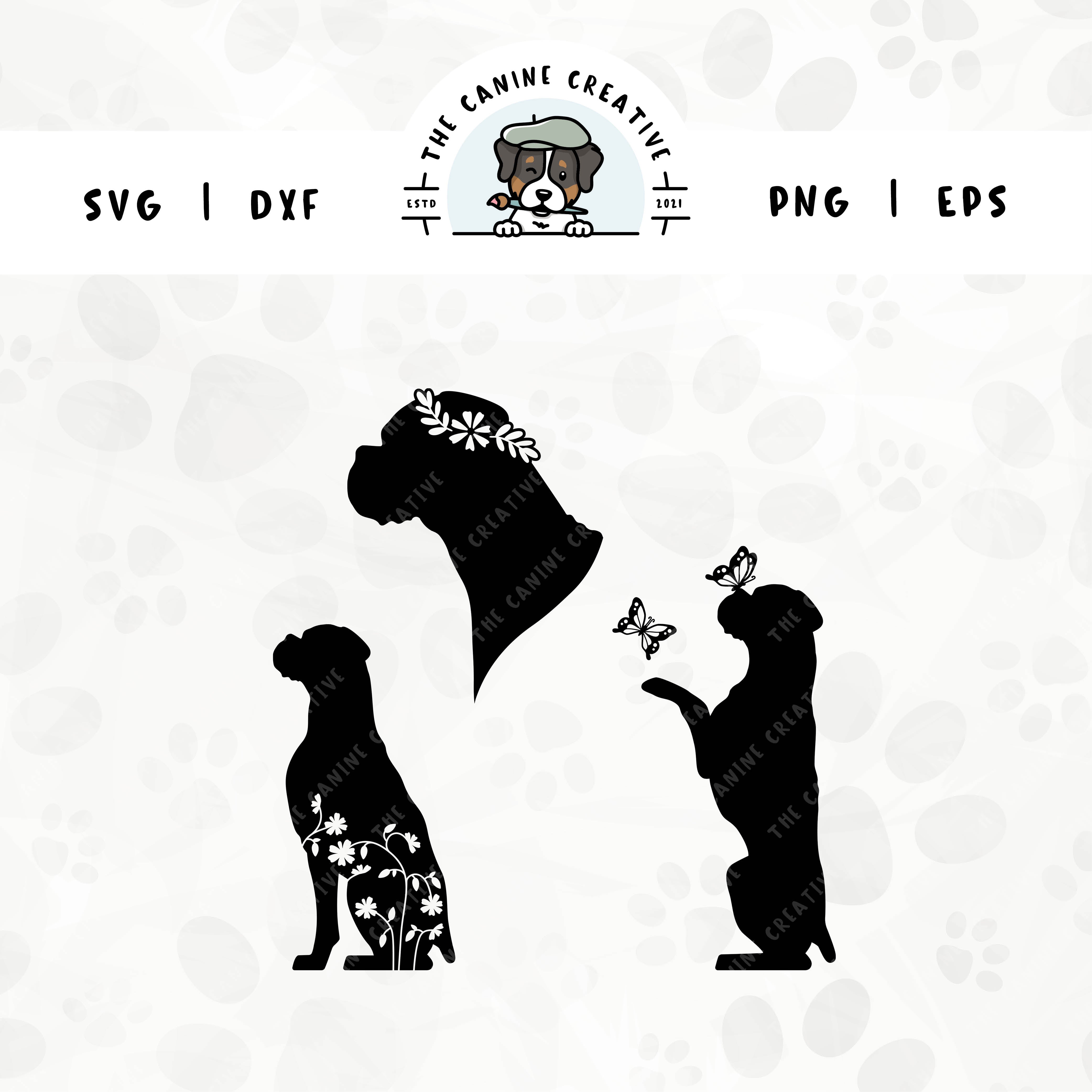 This 3-pack Boxer dog silhouette bundle (floppy ear/docked tail edition) features a head portrait of a dog wearing a floral crown, a sitting dog with inset flowers, and a dog interacting with butterflies. File formats include: SVG, DXF, PNG, and EPS.