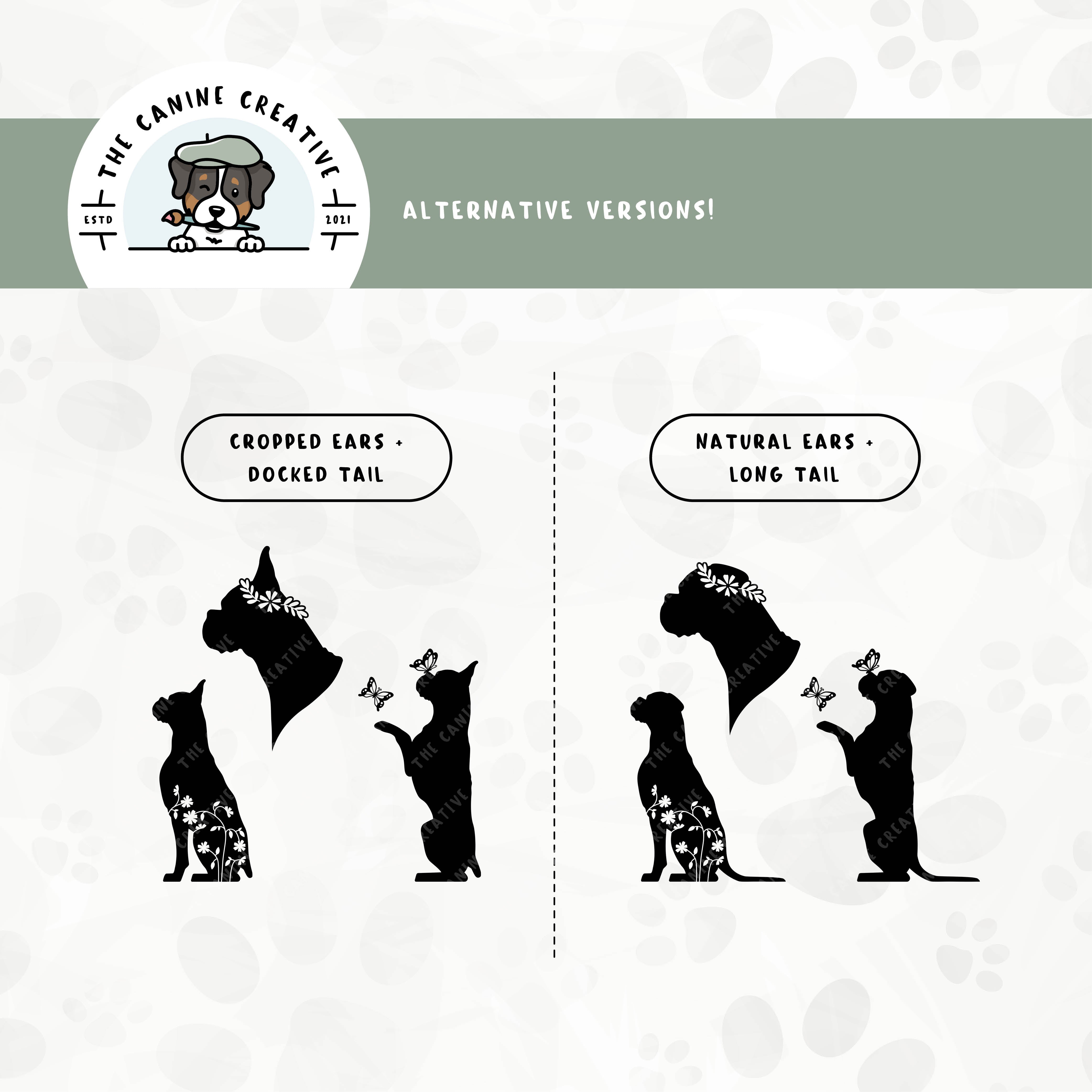 Alternative cropped ear/docked tail or floppy ear/long tail editions are also available for this 3-pack springtime Boxer dog silhouette bundle.