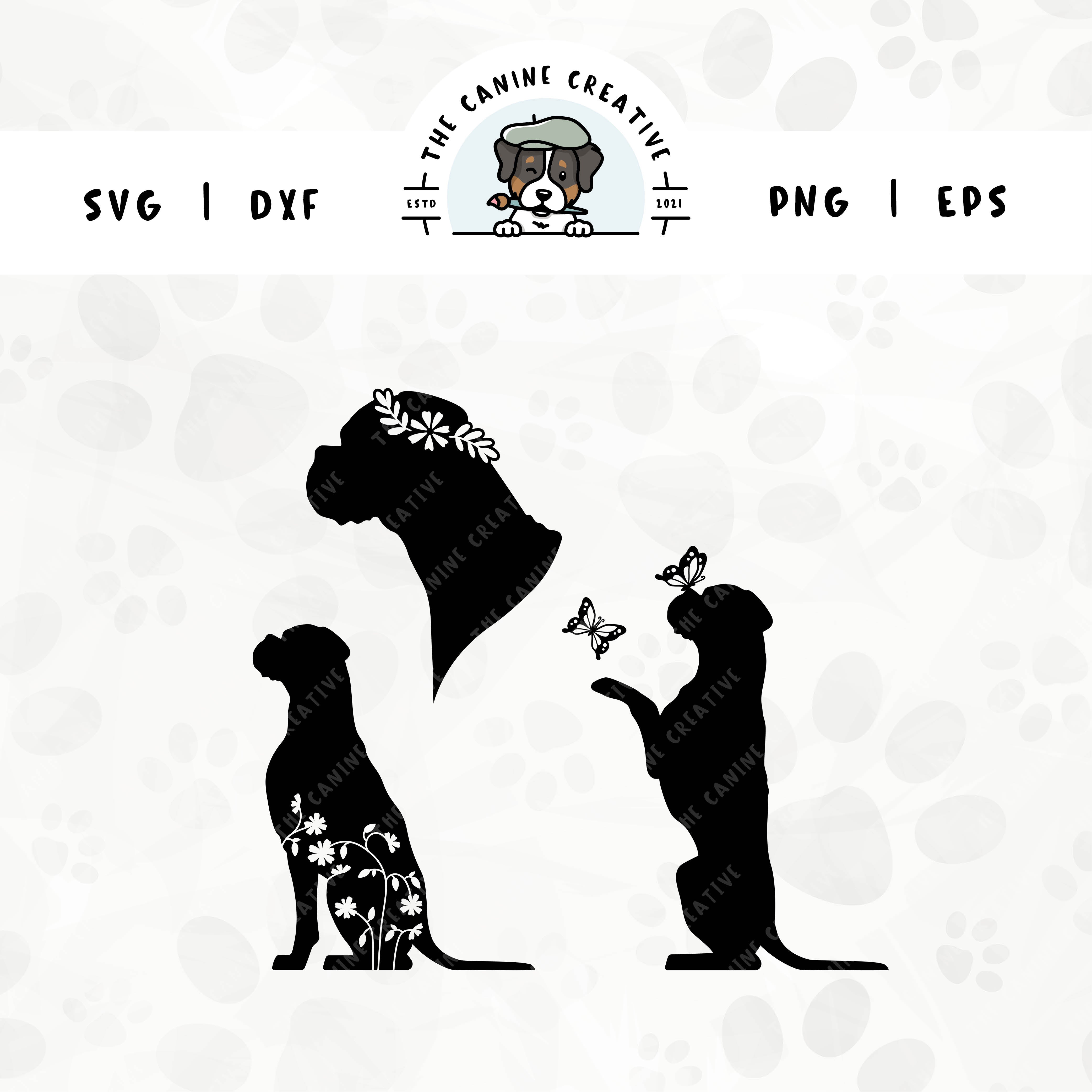 This 3-pack Boxer dog silhouette bundle (floppy ear/long tail edition) features a head portrait of a dog wearing a floral crown, a sitting dog with inset flowers, and a dog interacting with butterflies. File formats include: SVG, DXF, PNG, and EPS.