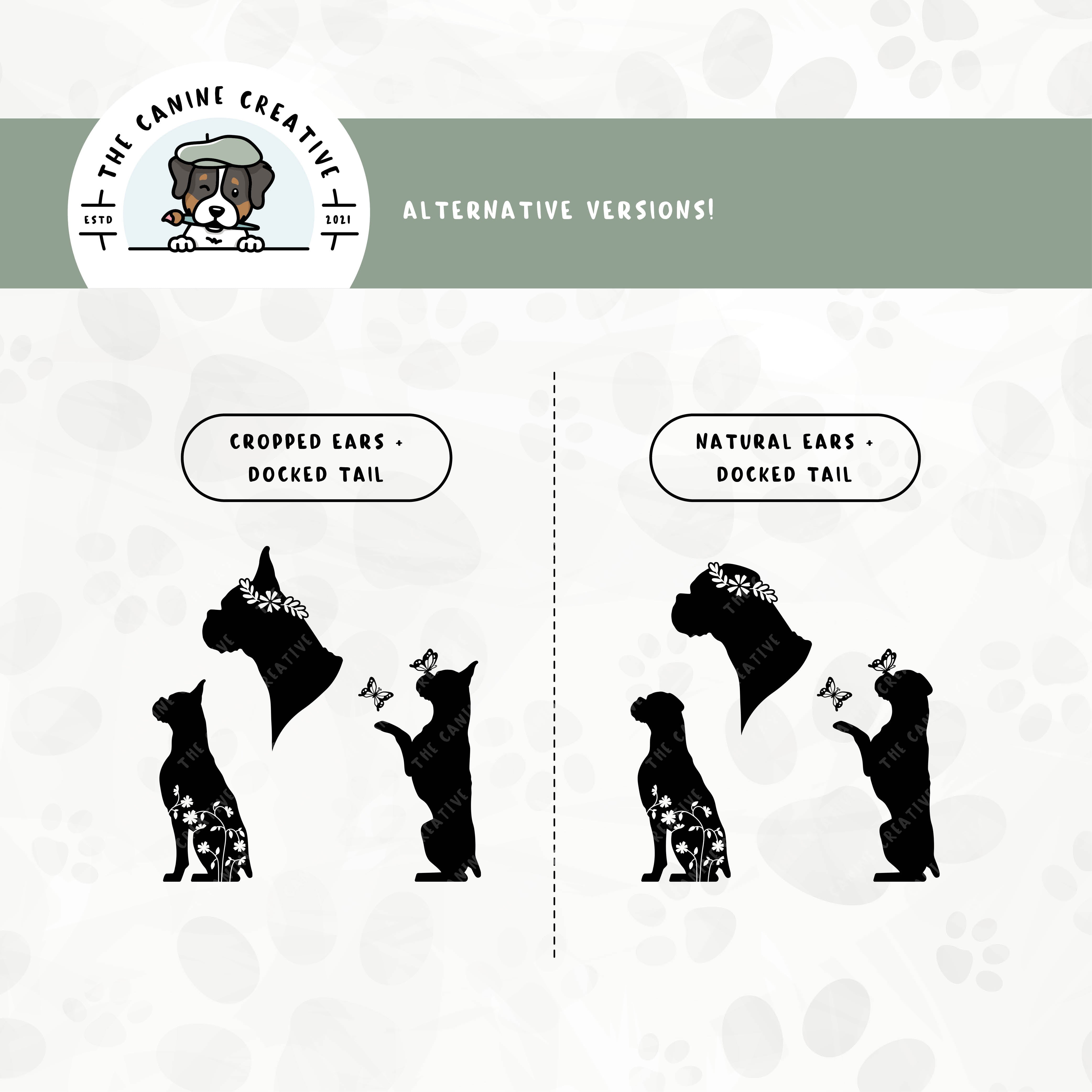 Alternative cropped ear/docked tail or floppy ear/docked tail editions are also available for this 3-pack springtime Boxer dog silhouette bundle.