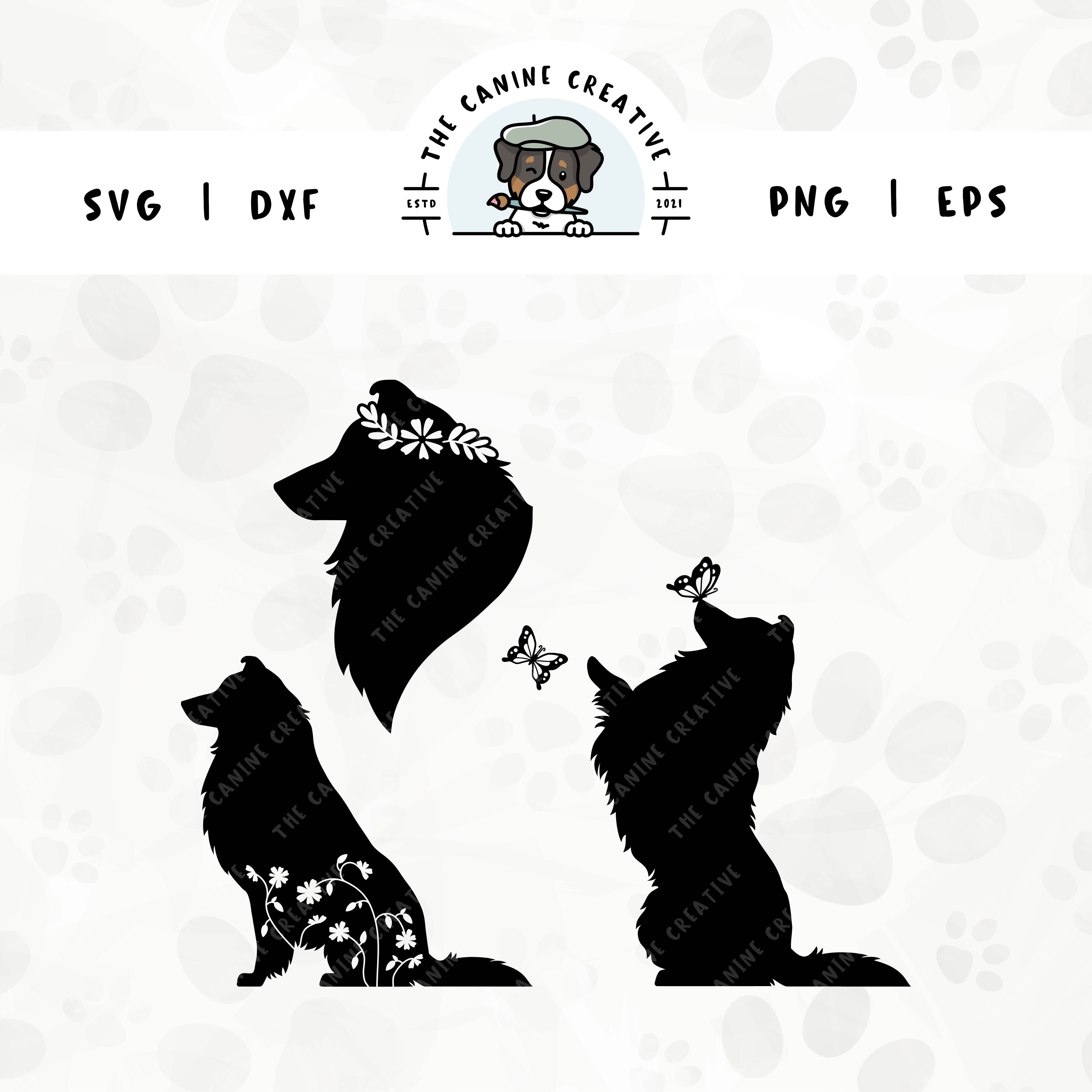 This Rough Collie/Shetland Sheepdog silhouette SVG bundle features a head profile of a dog wearing a floral crown, a sitting dog with inset flowers, and a dog interacting with butterflies. File formats include: SVG, DXF, PNG, and EPS.