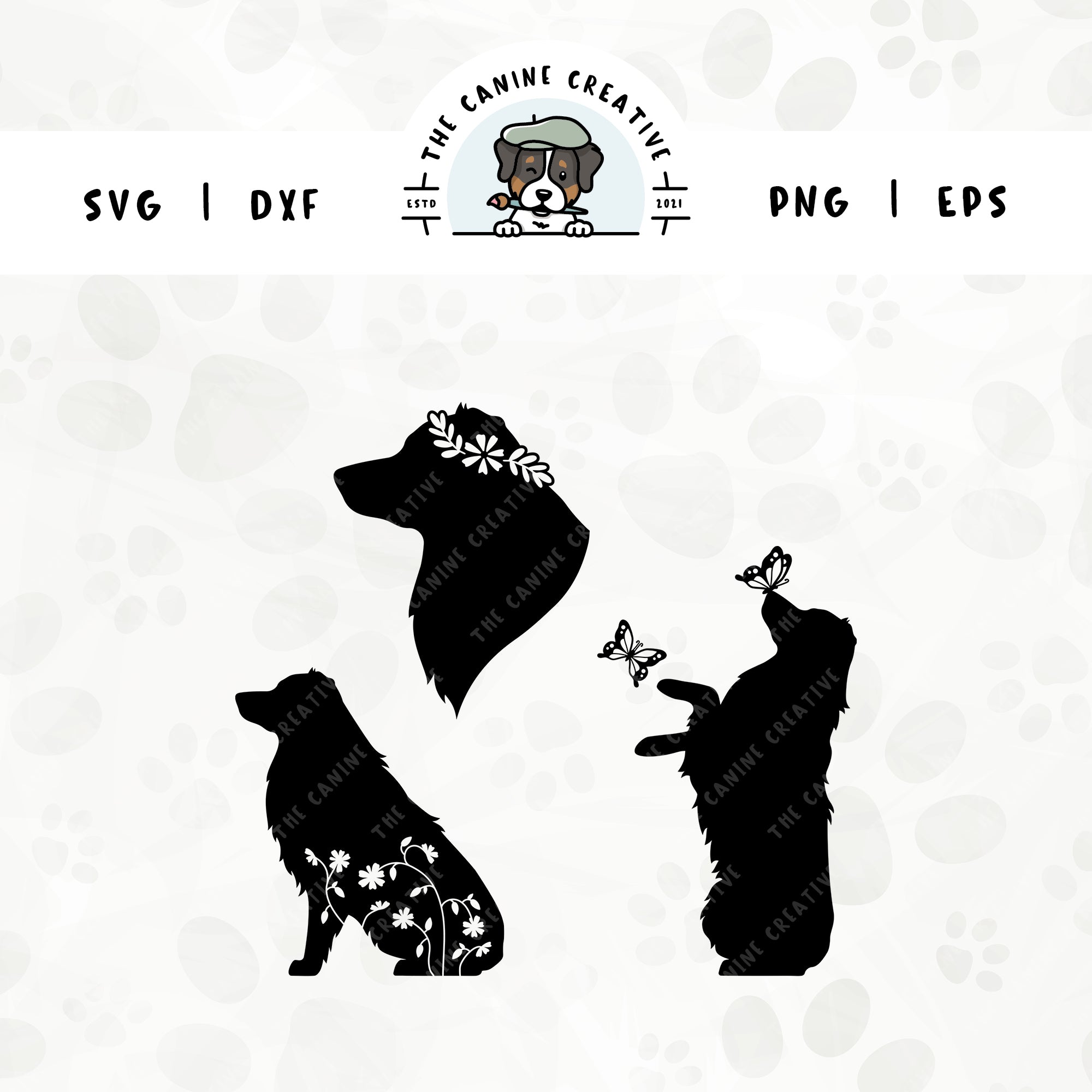 This 3-pack, docked tail Australian Shepherd silhouette bundle features a head portrait of a dog wearing a floral crown, a sitting dog with inset flowers, and a dog interacting with butterflies. File formats include: SVG, DXF, PNG, and EPS.