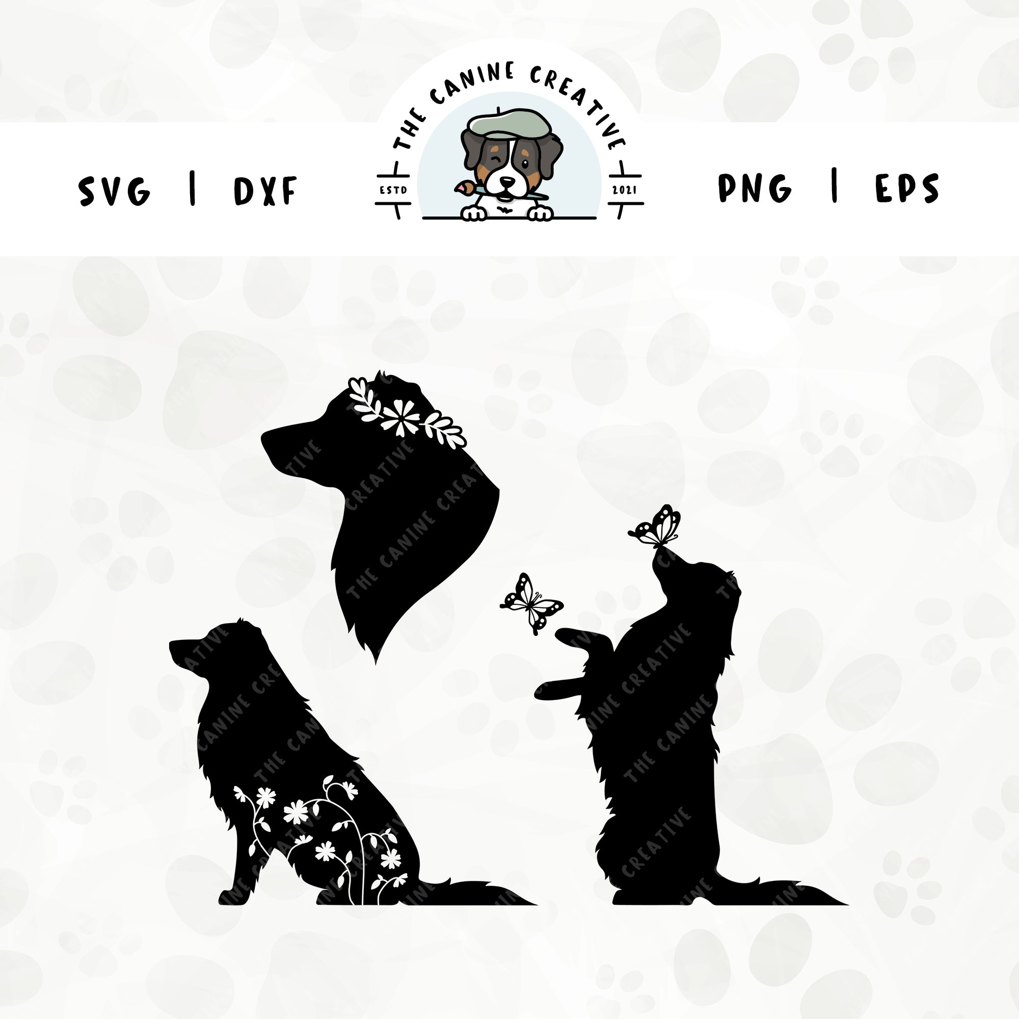 This 3-pack, long tail Australian Shepherd silhouette bundle features a head portrait of a dog wearing a floral crown, a sitting dog with inset flowers, and a dog interacting with butterflies. File formats include: SVG, DXF, PNG, and EPS.