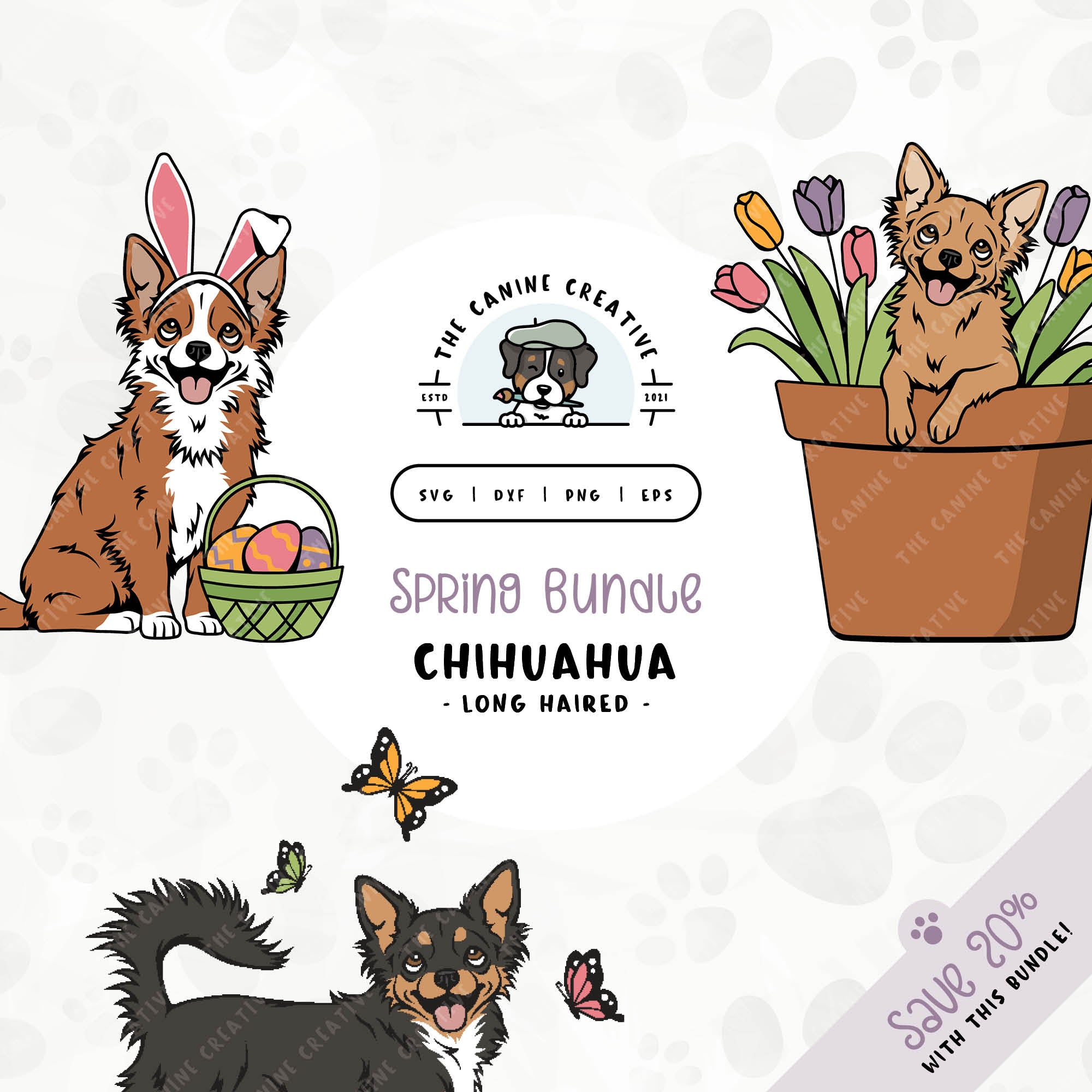 This 3-pack springtime illustration bundle features Long Haired Chihuahuas among colorful butterflies, peeking out from a pot of vibrant tulips, and wearing festive bunny ears while sitting near a basket of brightly-colored Easter eggs. File formats include: SVG, DXF, PNG, and EPS.