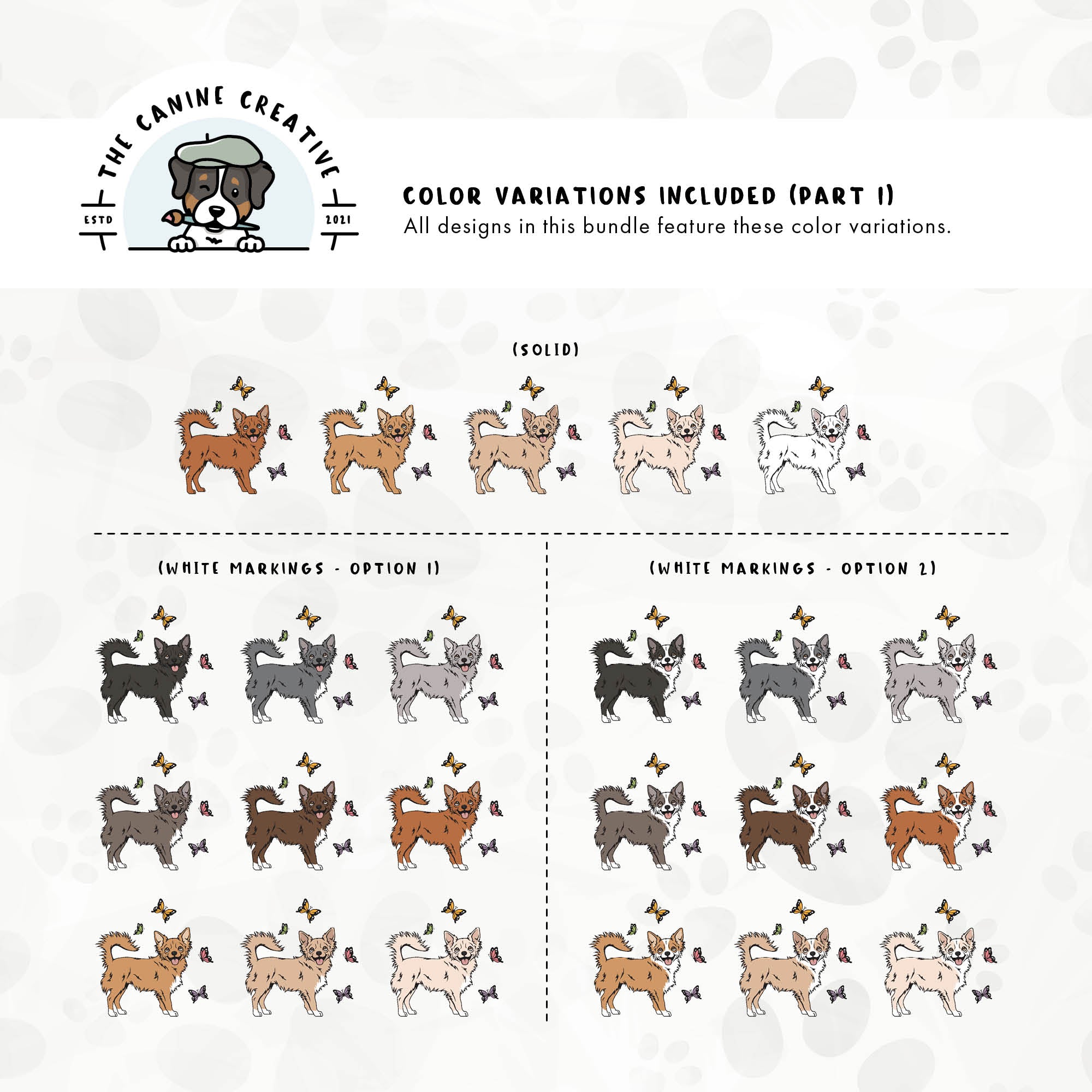 Part 1 of this design bundle includes common Chihuahua colors, both solid and with white markings.