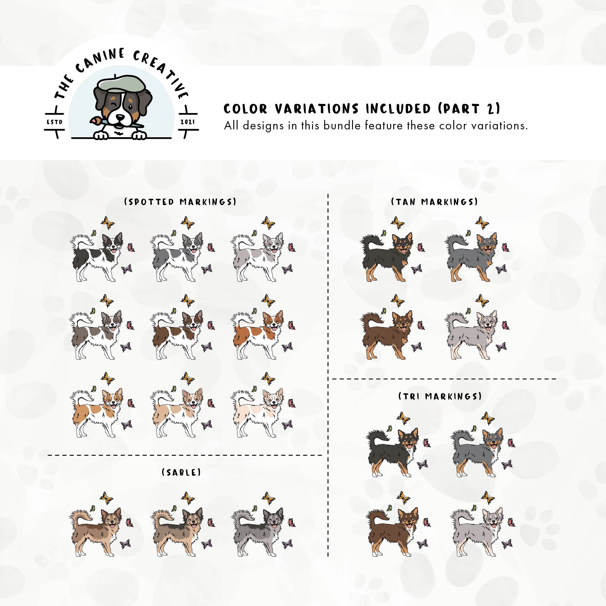 Part 2 of this design bundle features Chihuahuas with spotted, sable, tan, and tri-color markings.