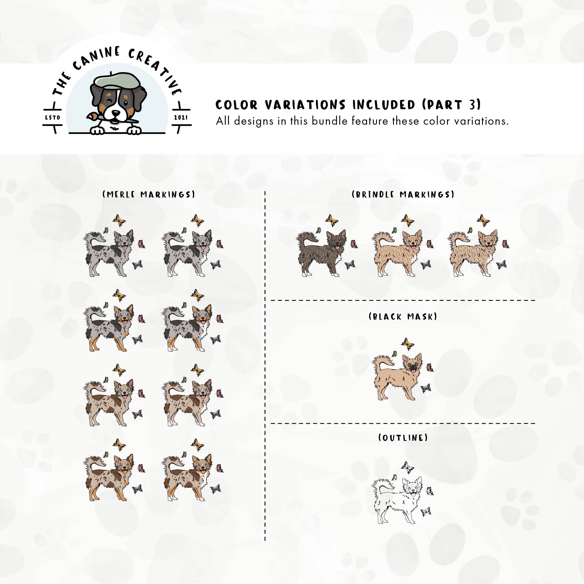 Part 3 of this design bundle includes Chihuahuas with merle, brindle, and black mask markings, along with an outline option.