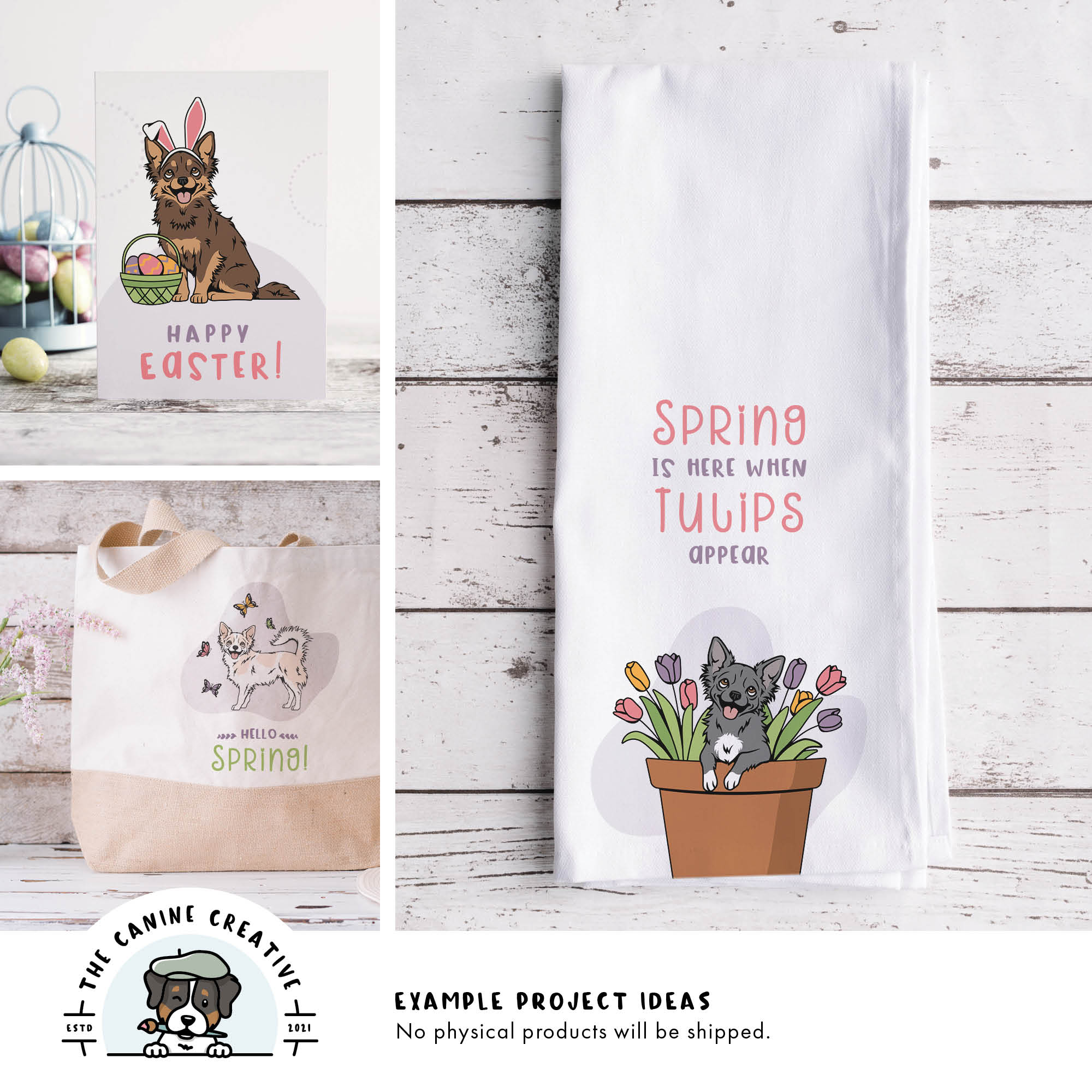 Example project ideas showing designs on a greeting card, tote bag, and tea towel.