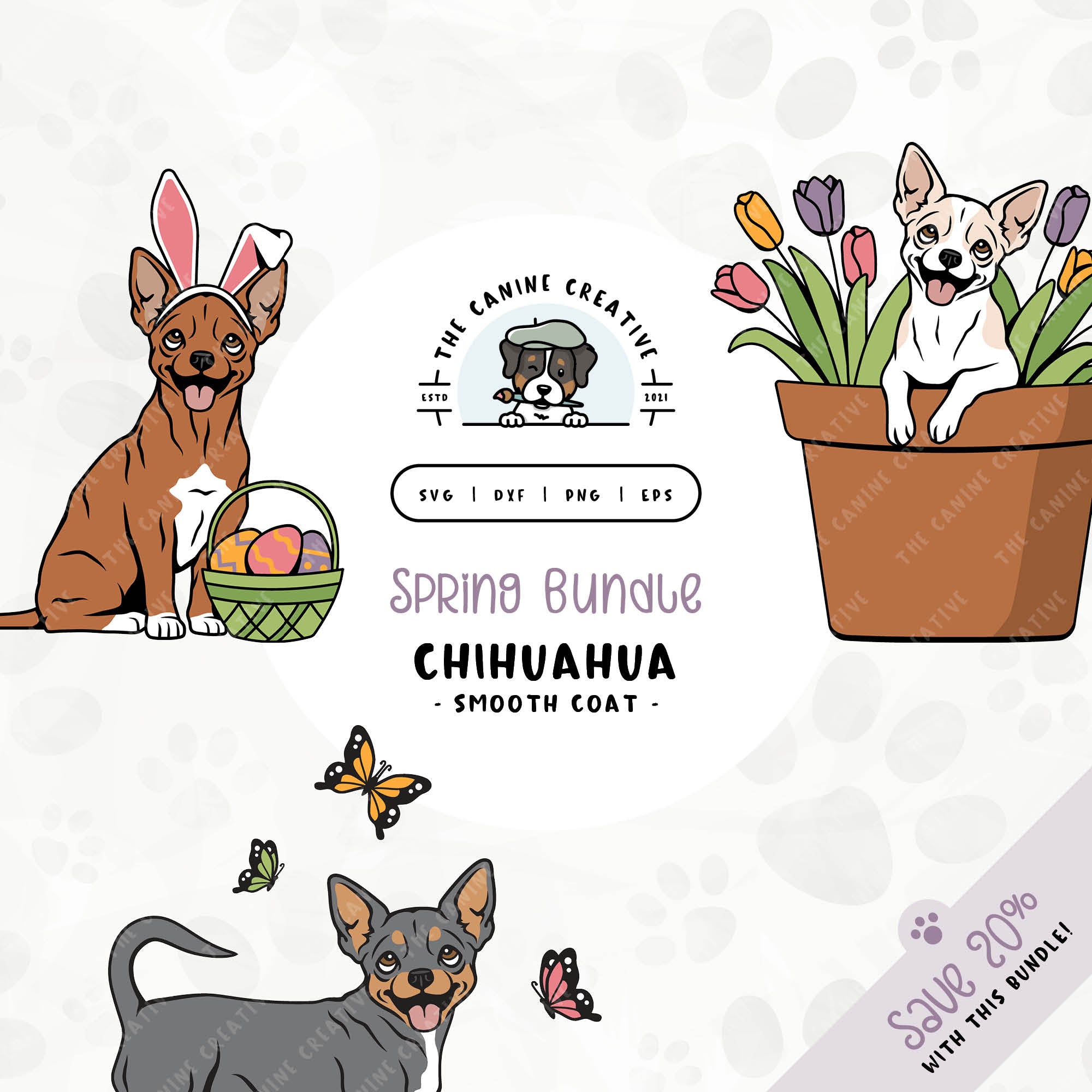 This 3-pack springtime illustration bundle features Smooth Coat Chihuahuas among colorful butterflies, peeking out from a pot of vibrant tulips, and wearing festive bunny ears while sitting near a basket of brightly-colored Easter eggs. File formats include: SVG, DXF, PNG, and EPS.