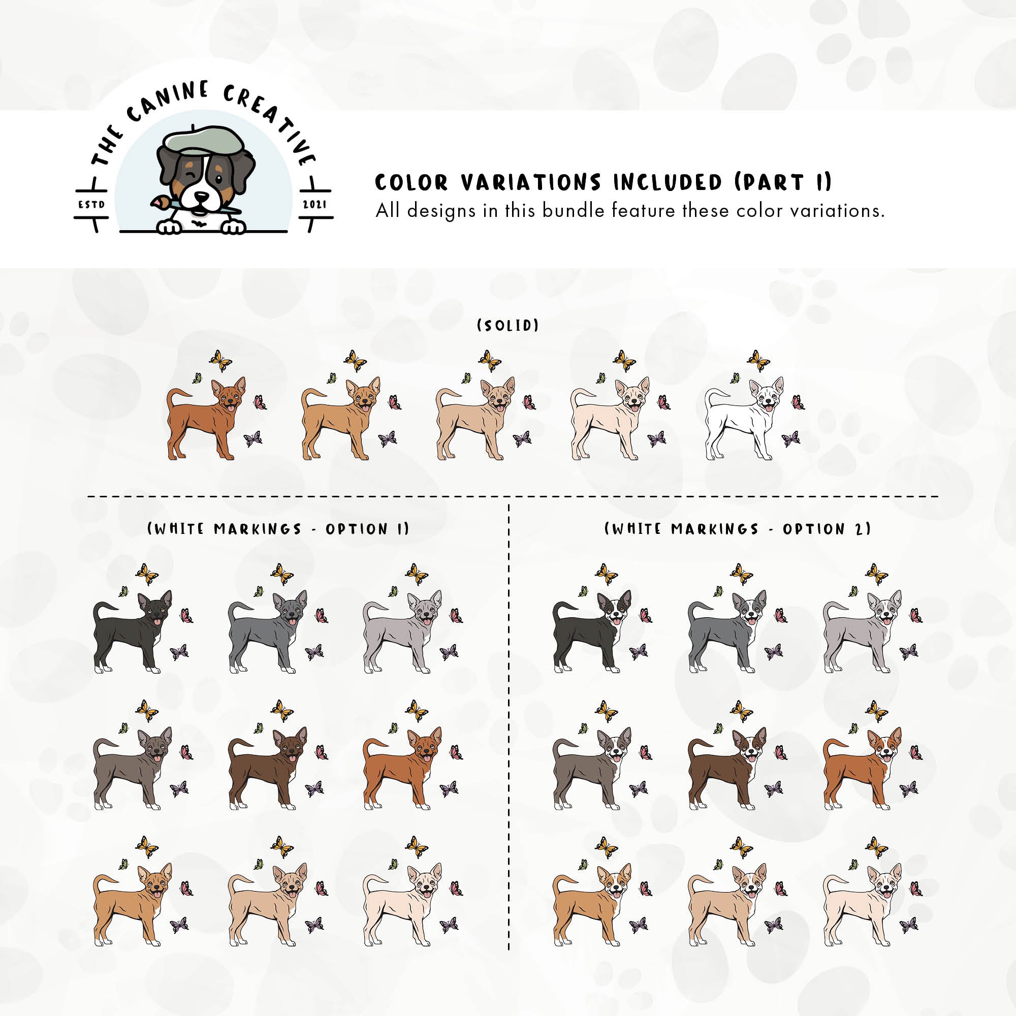 Part 1 of this design set includes common Chihuahua colors, both solid and with white markings.
