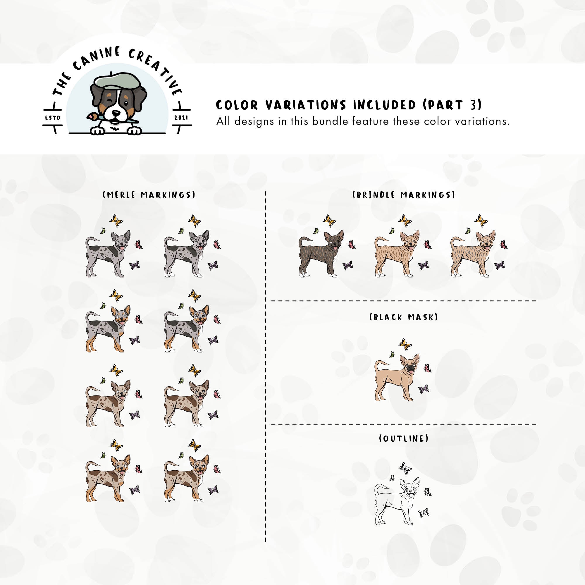 Part 3 of this design set includes Chihuahuas with merle, brindle, and black mask markings, along with an outline option.