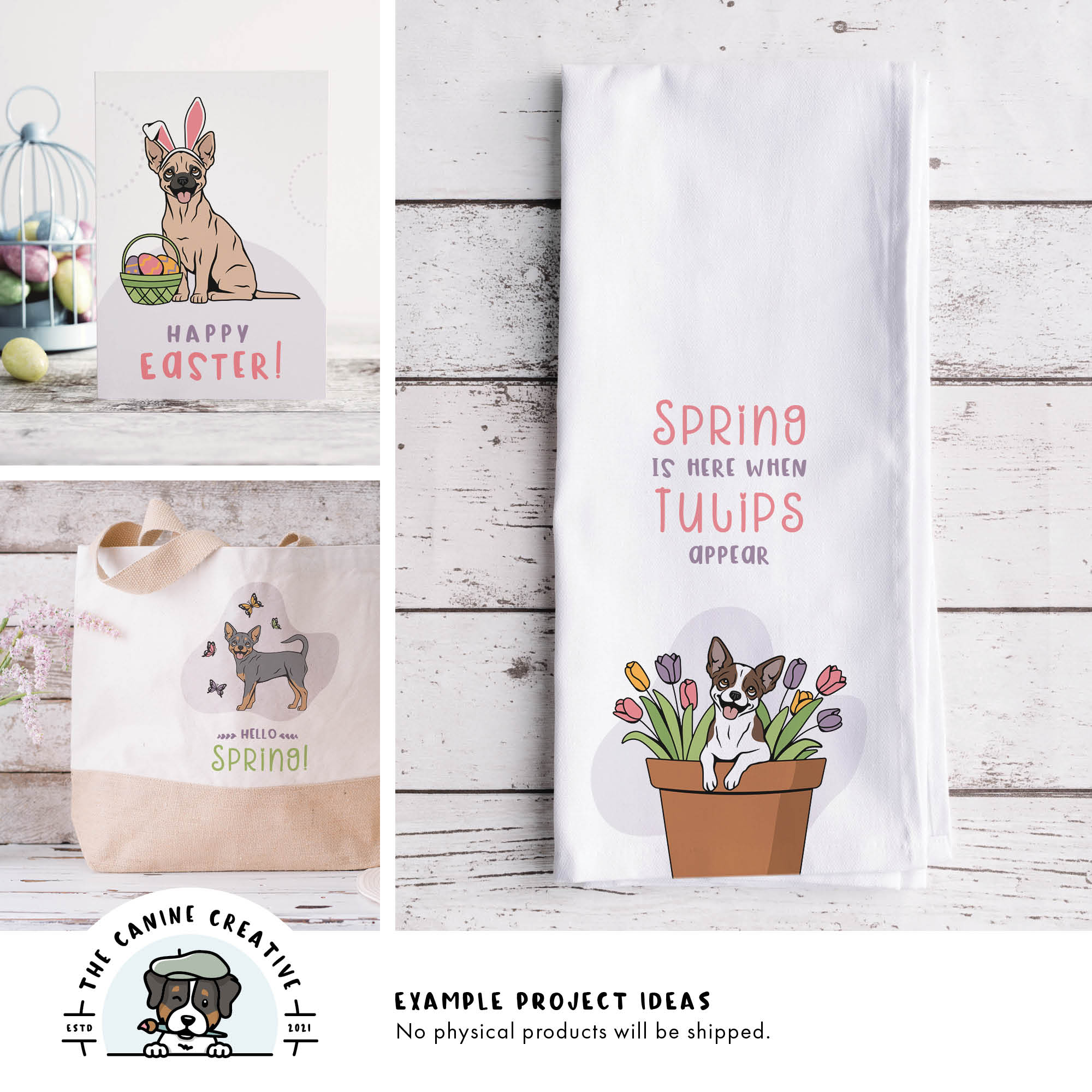 Example project ideas showing designs on a greeting card, tote bag, and tea towel.